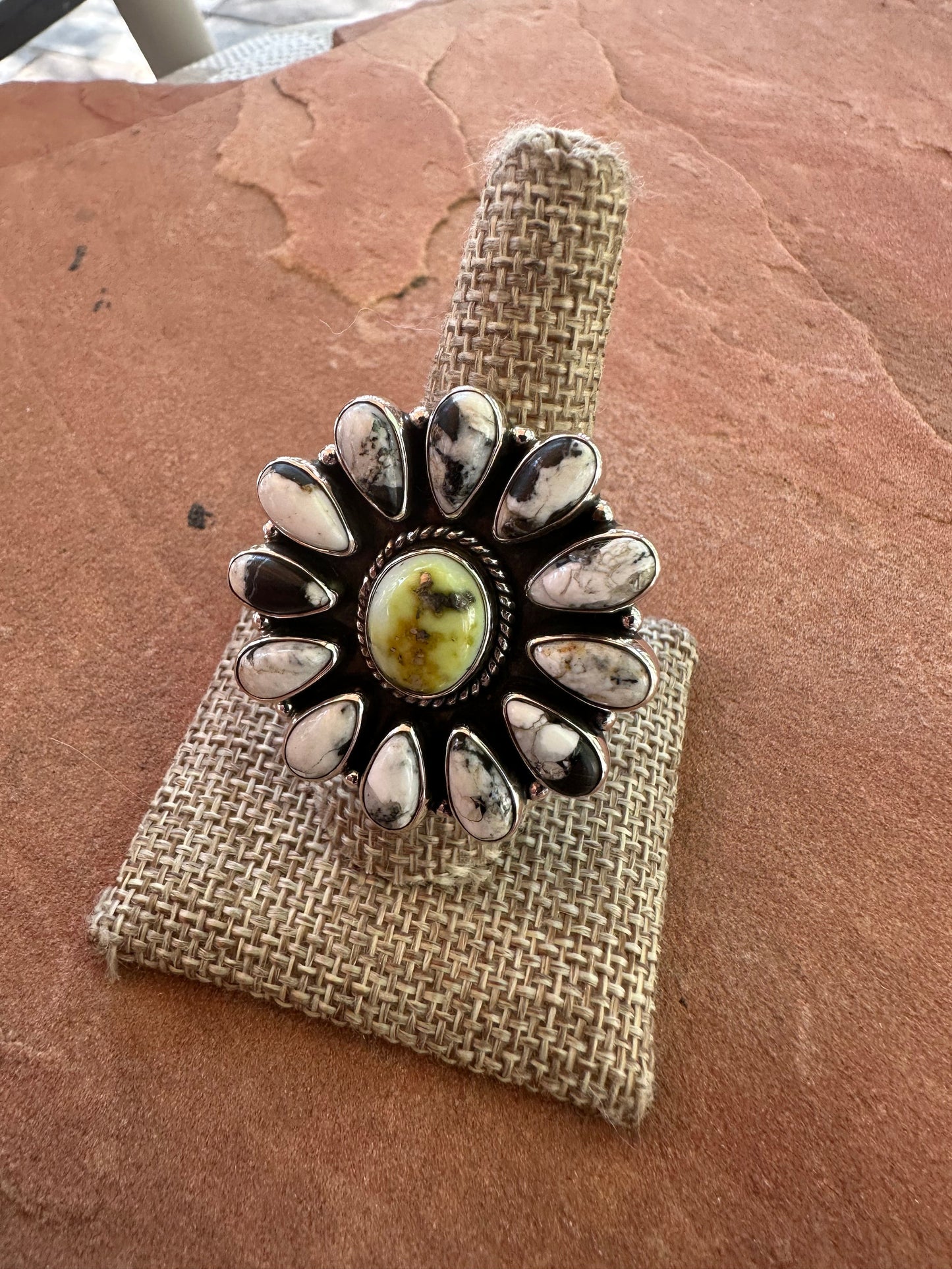 Beautiful Handmade White Buffalo, Palomino Turquoise And Sterling Silver Adjustable Ring