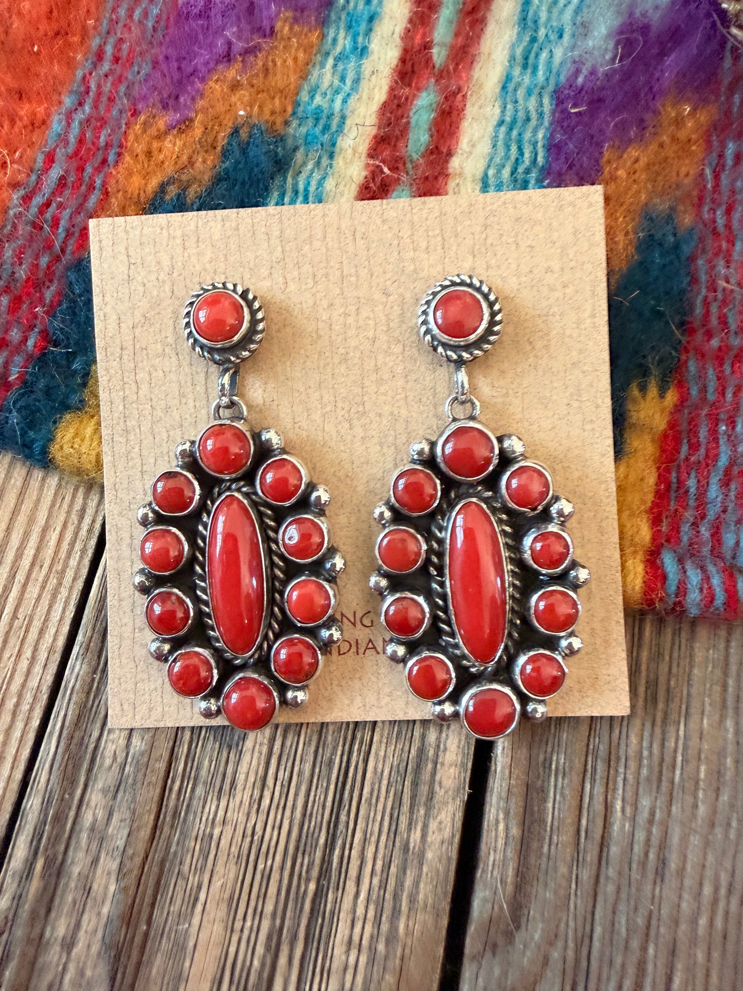 Handcrafted Coral & Sterling Silver Cluster Dangle Earrings
