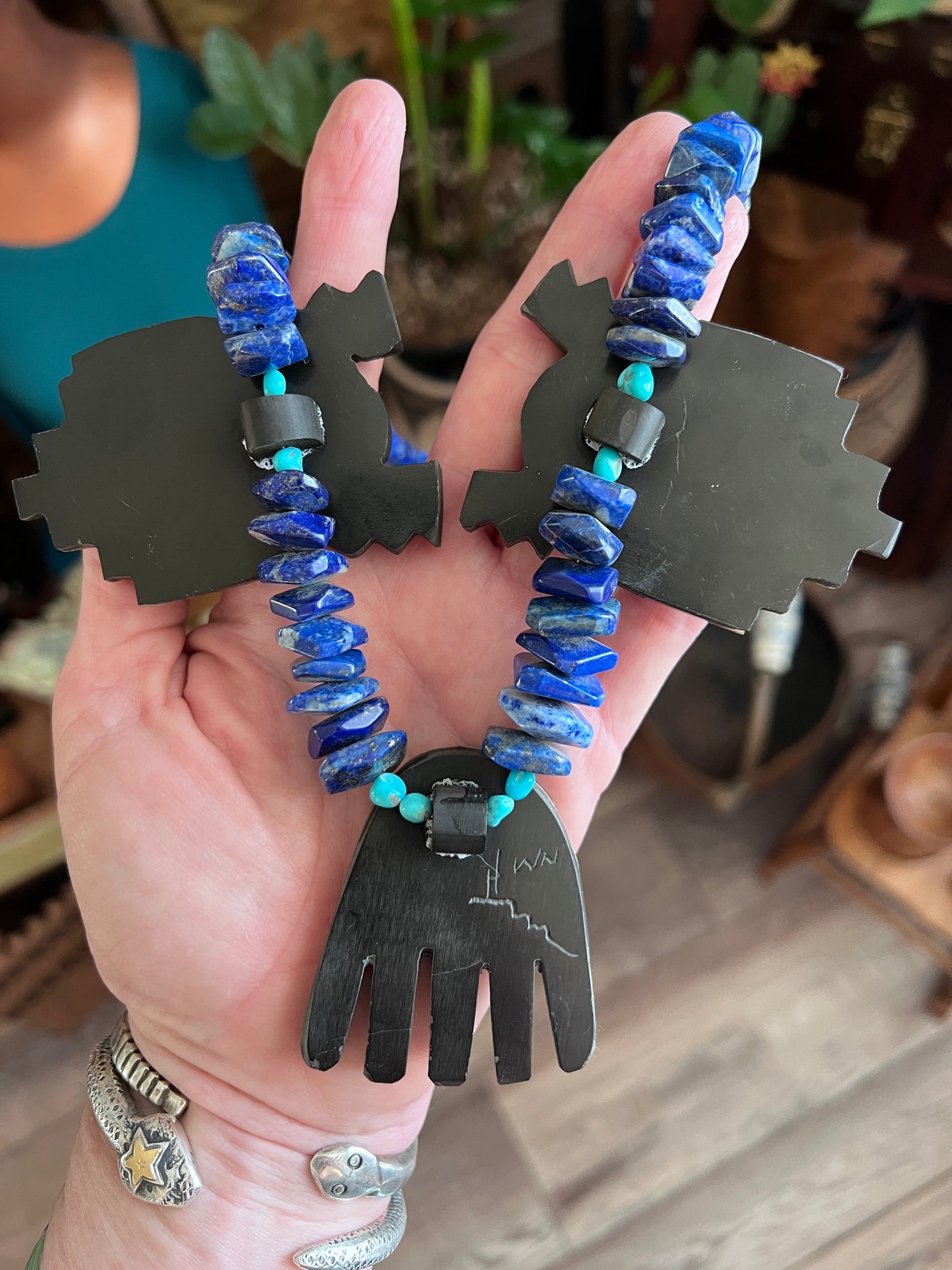 Handcrafted Multi Stone Inlay Healing Hand and Storm Cloud Necklace & Earrings by Warren Nieto