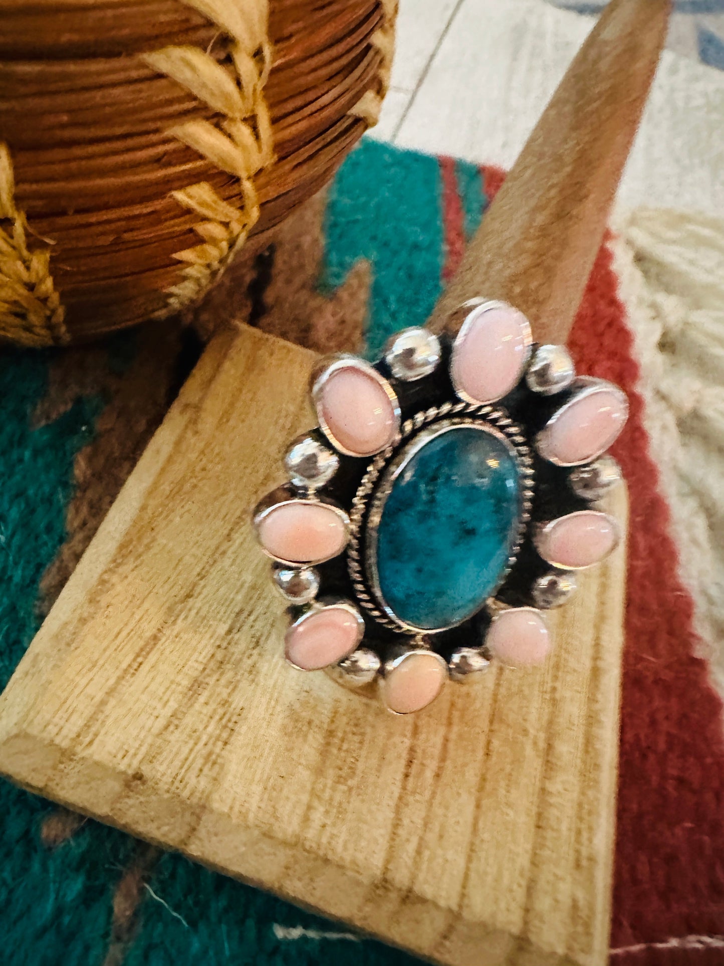Handcrafted Sterling Silver, Queen Pink Conch & Turquoise Cluster Adjustable Ring