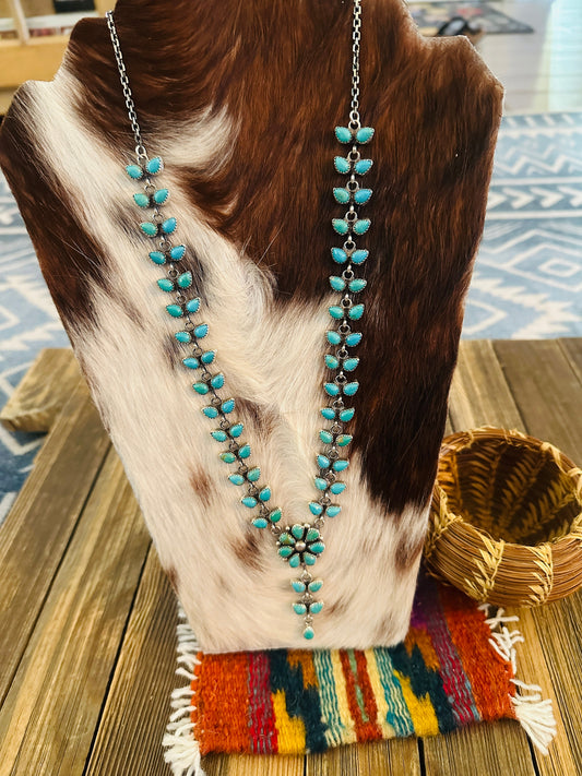 Handcrafted Turquoise & Sterling Silver Flower Cluster Necklace by Pearlene Spencer