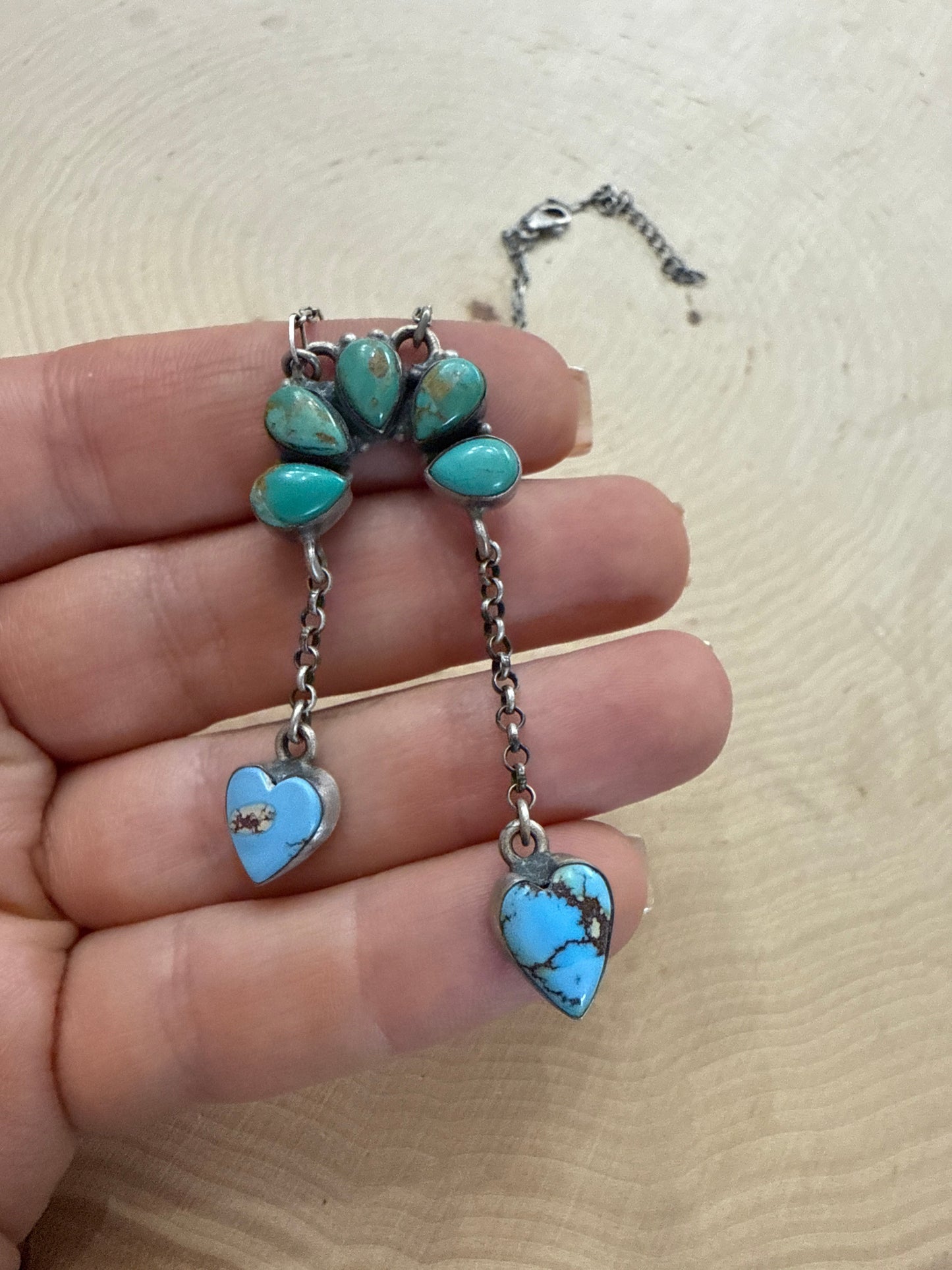 Beautiful Handmade Sterling Silver Kingman Turquoise & Golden Hills Turquoise Naja Heart Necklace