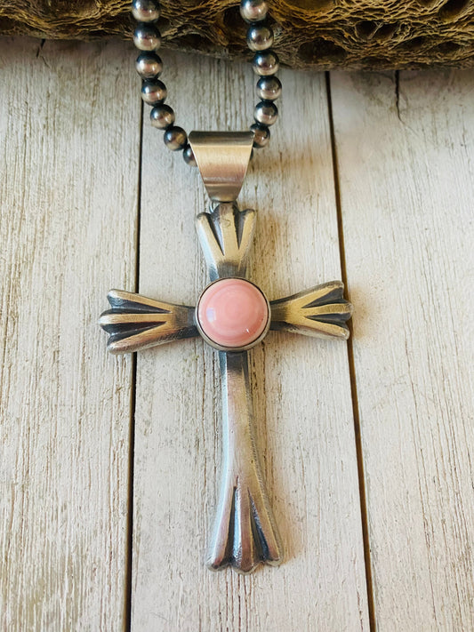 Handcrafted Queen Pink Conch Shell & Sterling Silver Cross Pendant By Chimney Butte