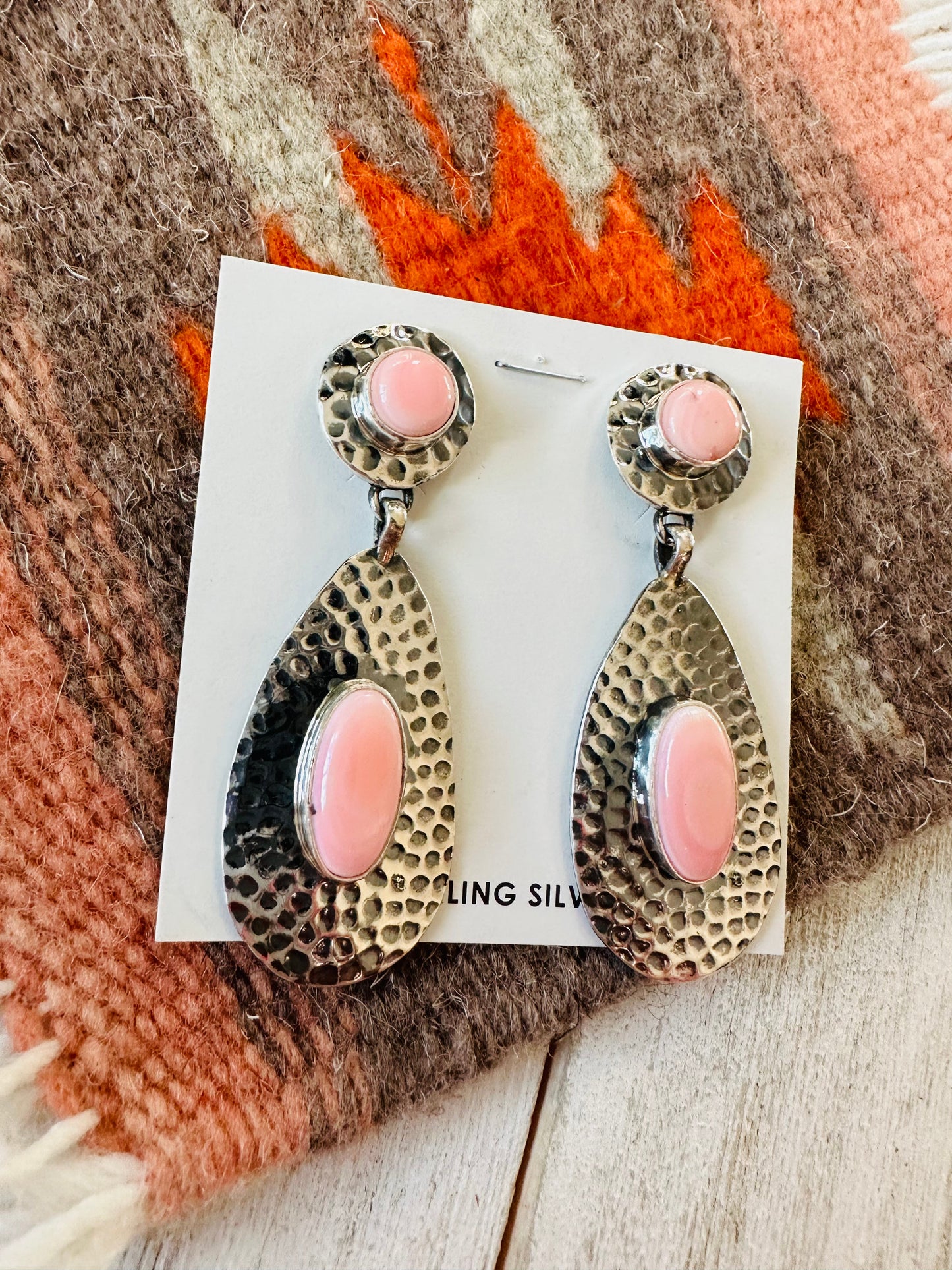 Navajo Queen Pink Conch & Sterling Silver Dangle Earrings