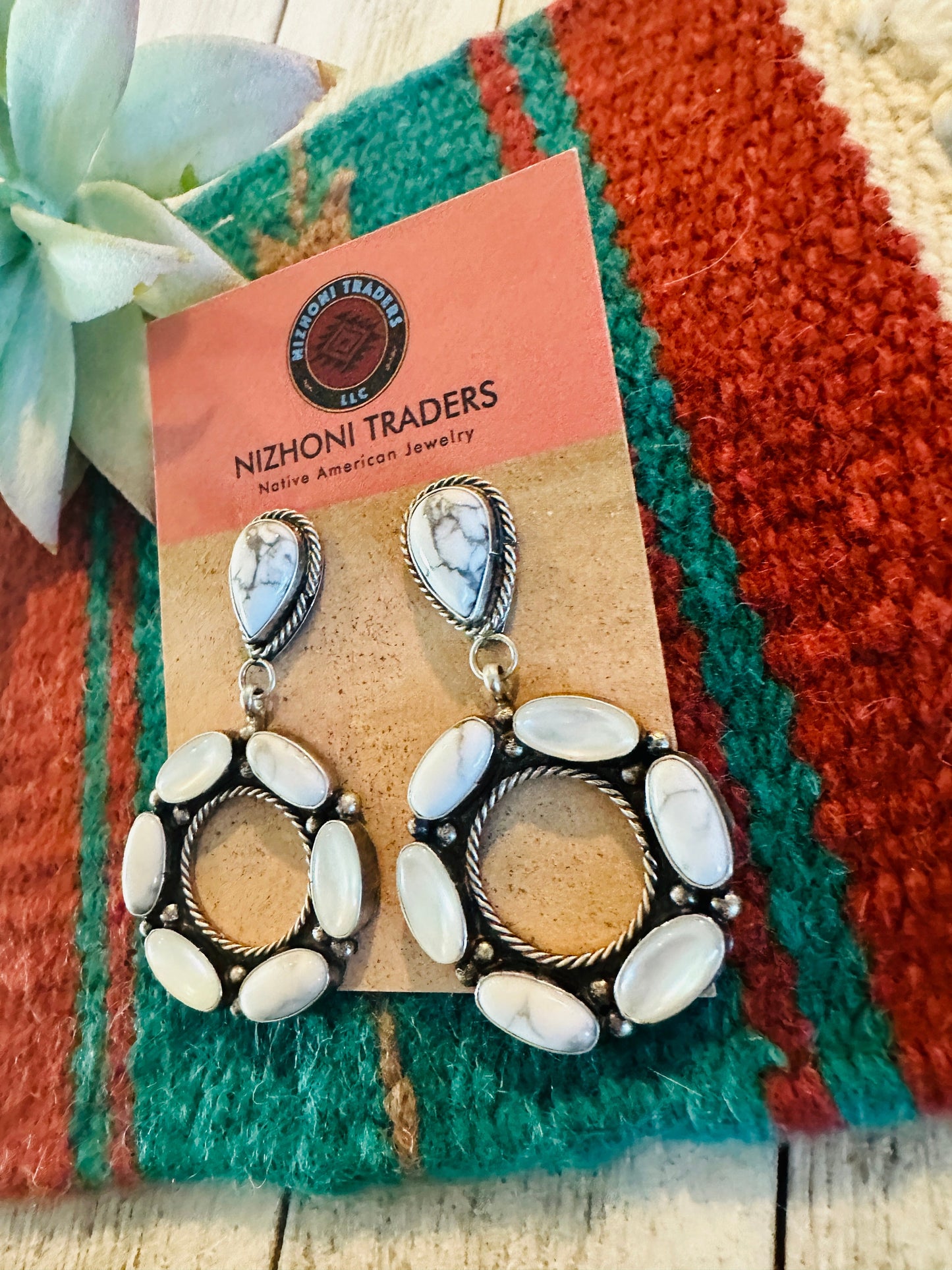 Navajo White Buffalo, Mother of Pearl and Sterling Silver Dangle Earrings