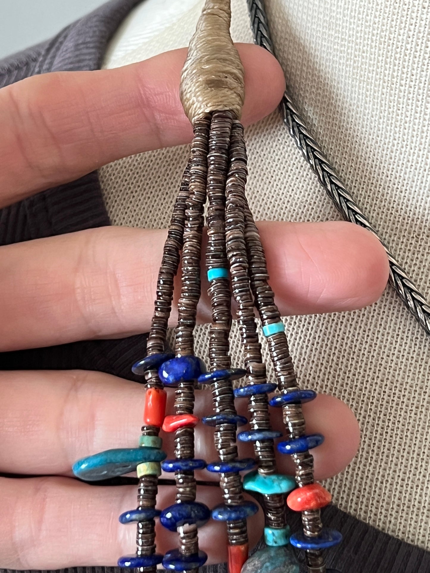 Gorgeous Handcrafted Made Five Strand Lapis, Spiny Oyster and Turquoise Beaded Squaw Wrap Necklace with Tabs by Daniel Coriz