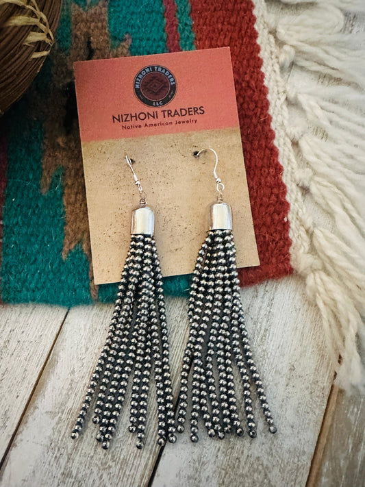 Handcrafted Sterling Silver Pearl Beaded Tassel Dangle Earrings