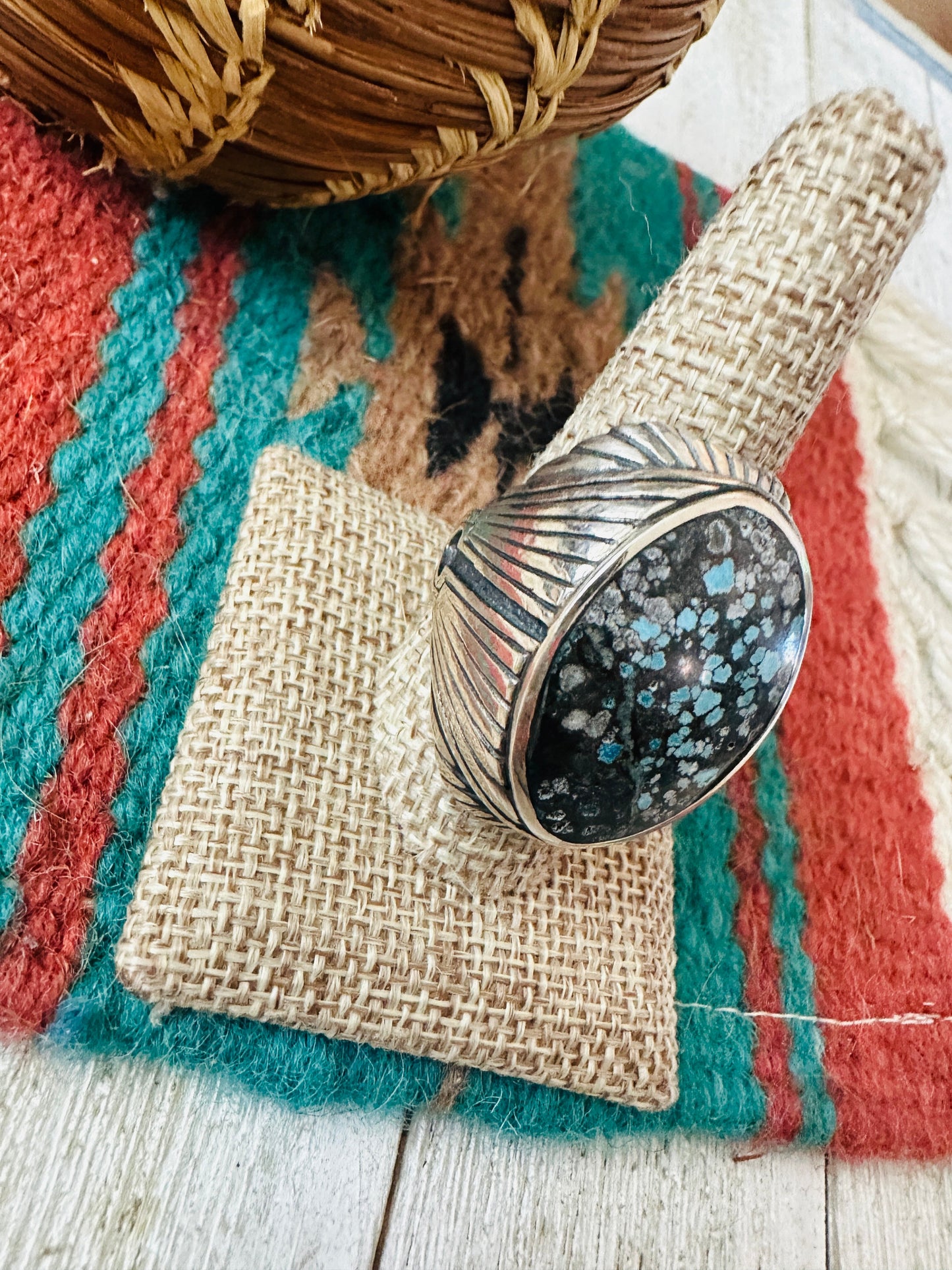 Old Pawn Handcrafted Sterling Silver & Kingman Web Turquoise Men’s Ring Size 10