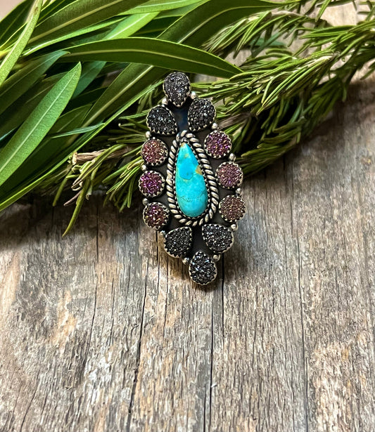 Handmade Sterling Silver Turquoise with Purple & Black Druzy Adjustable Statement Ring