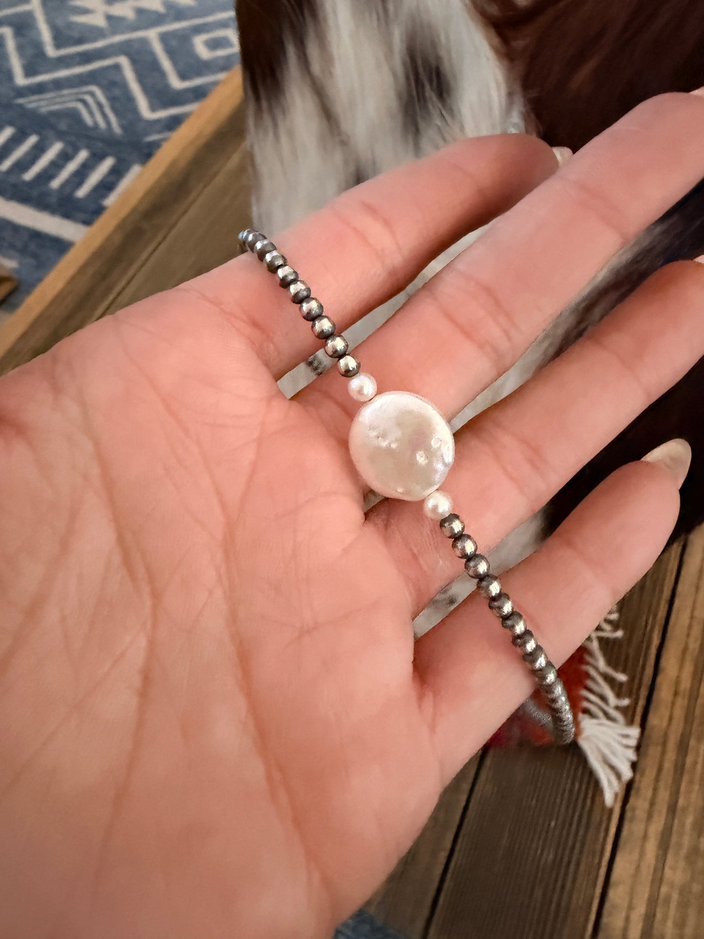 Handcrafted Mother of Pearl and Sterling Silver Pearl Beaded Necklace