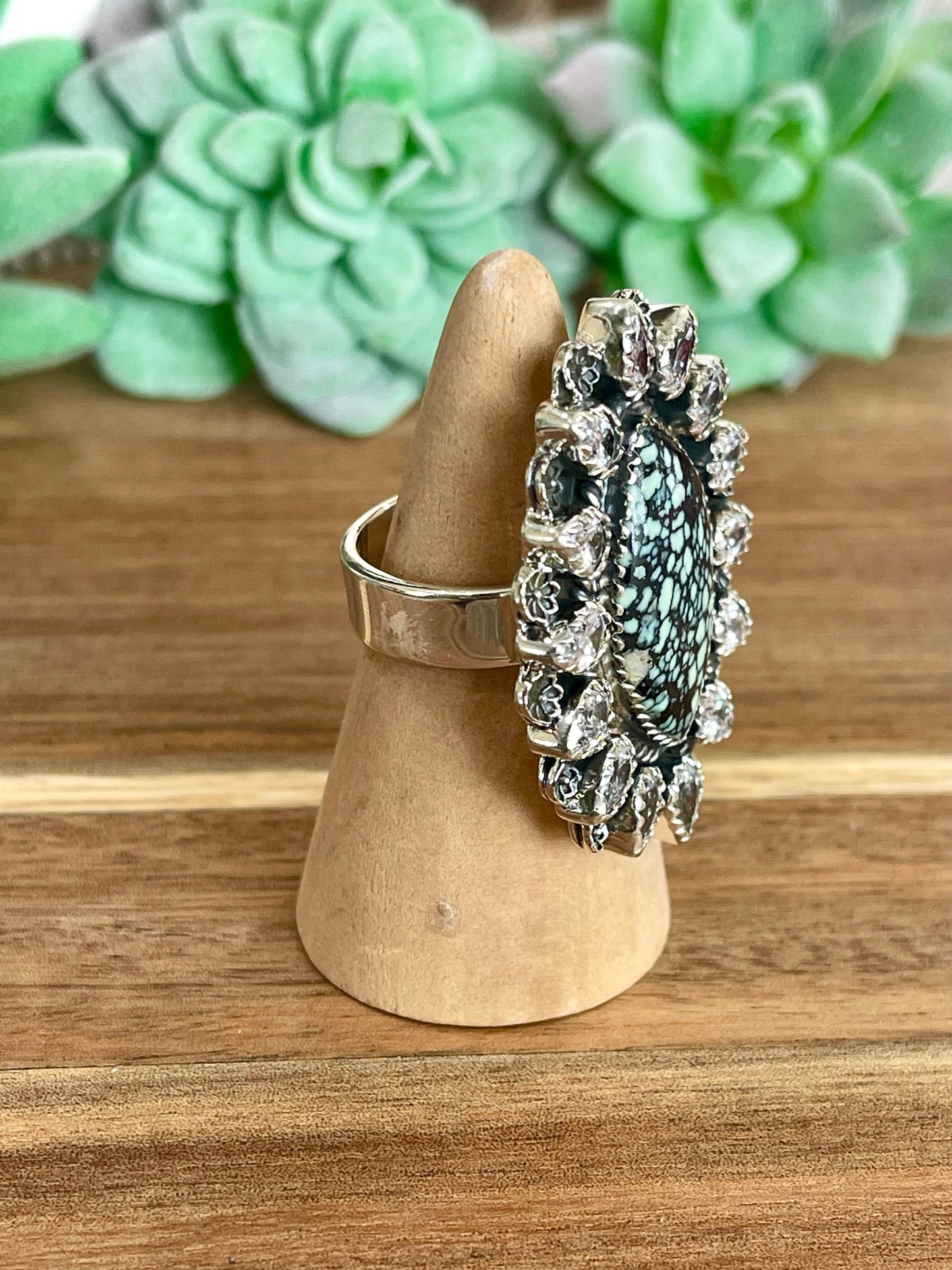 Beautiful Handmade New Lander Turquoise, Cubic Zirconia And Sterling Silver Adjustable Ring
