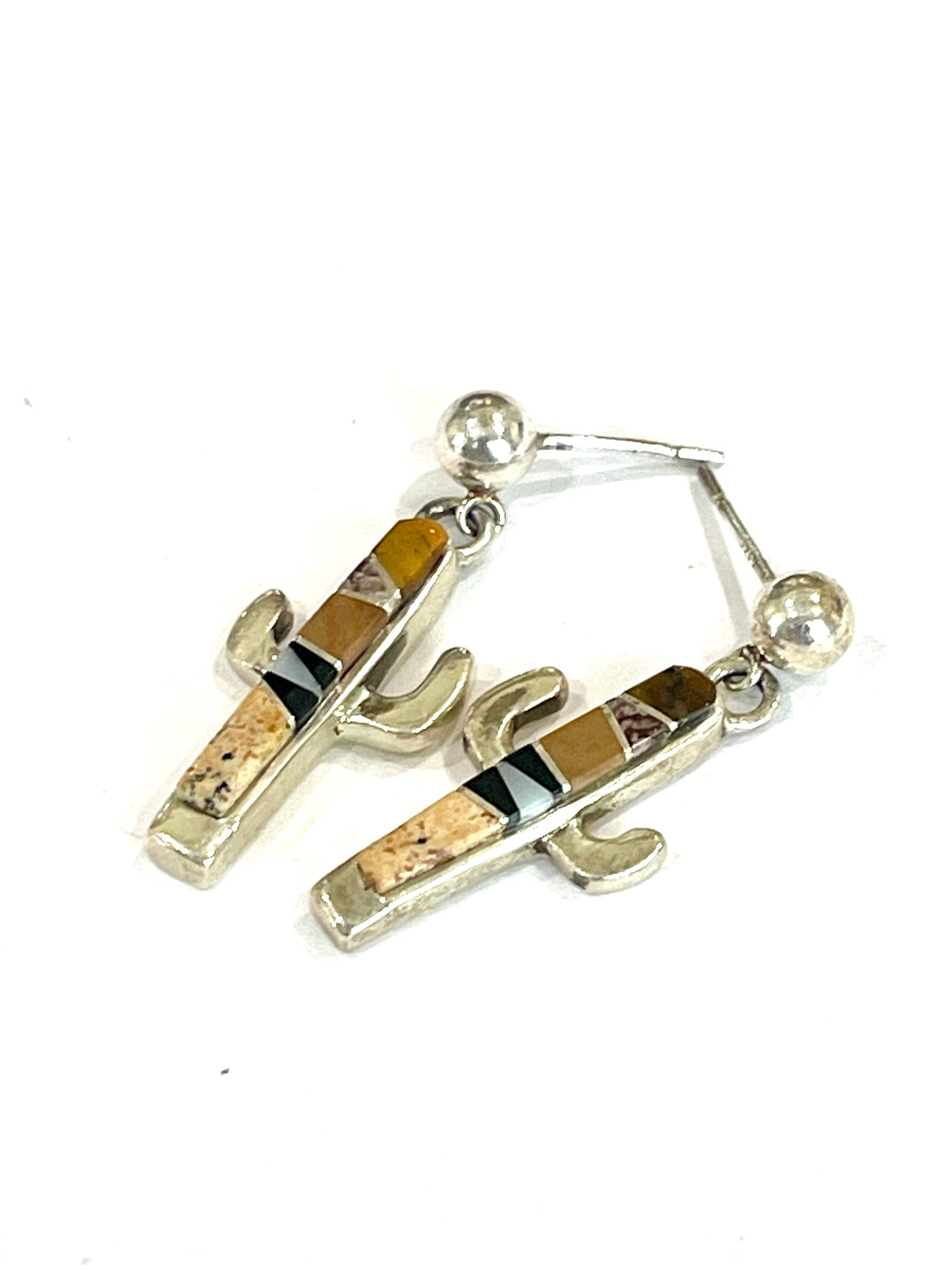 Old Pawn Sterling Silver & Multi Stone Cactus Post Dangle Earrings