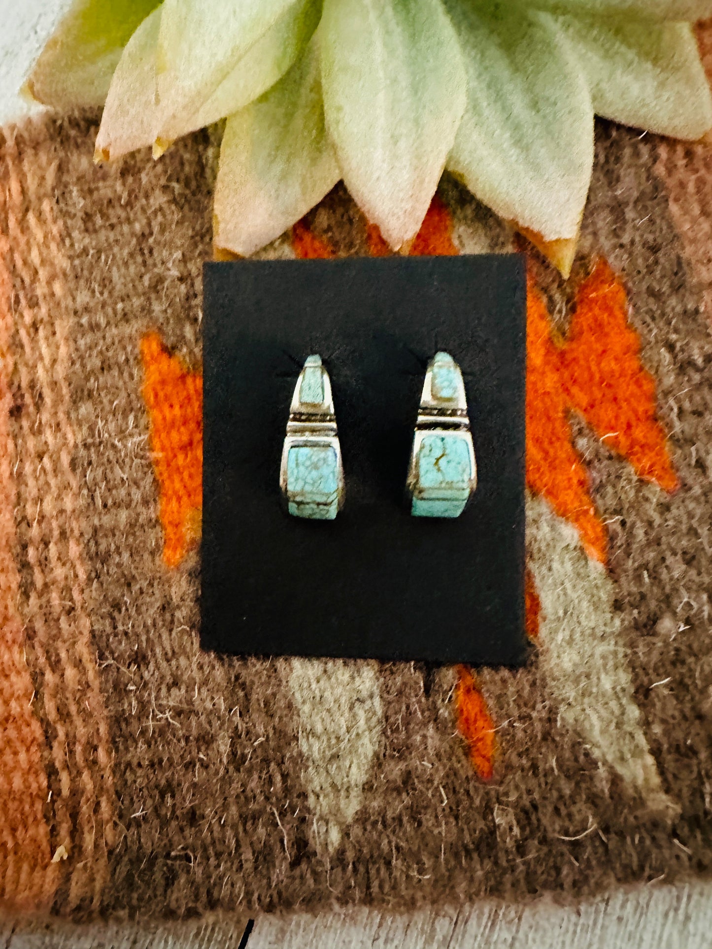 Navajo Turquoise 8 & Sterling Silver Inlay Half Hoop Earrings