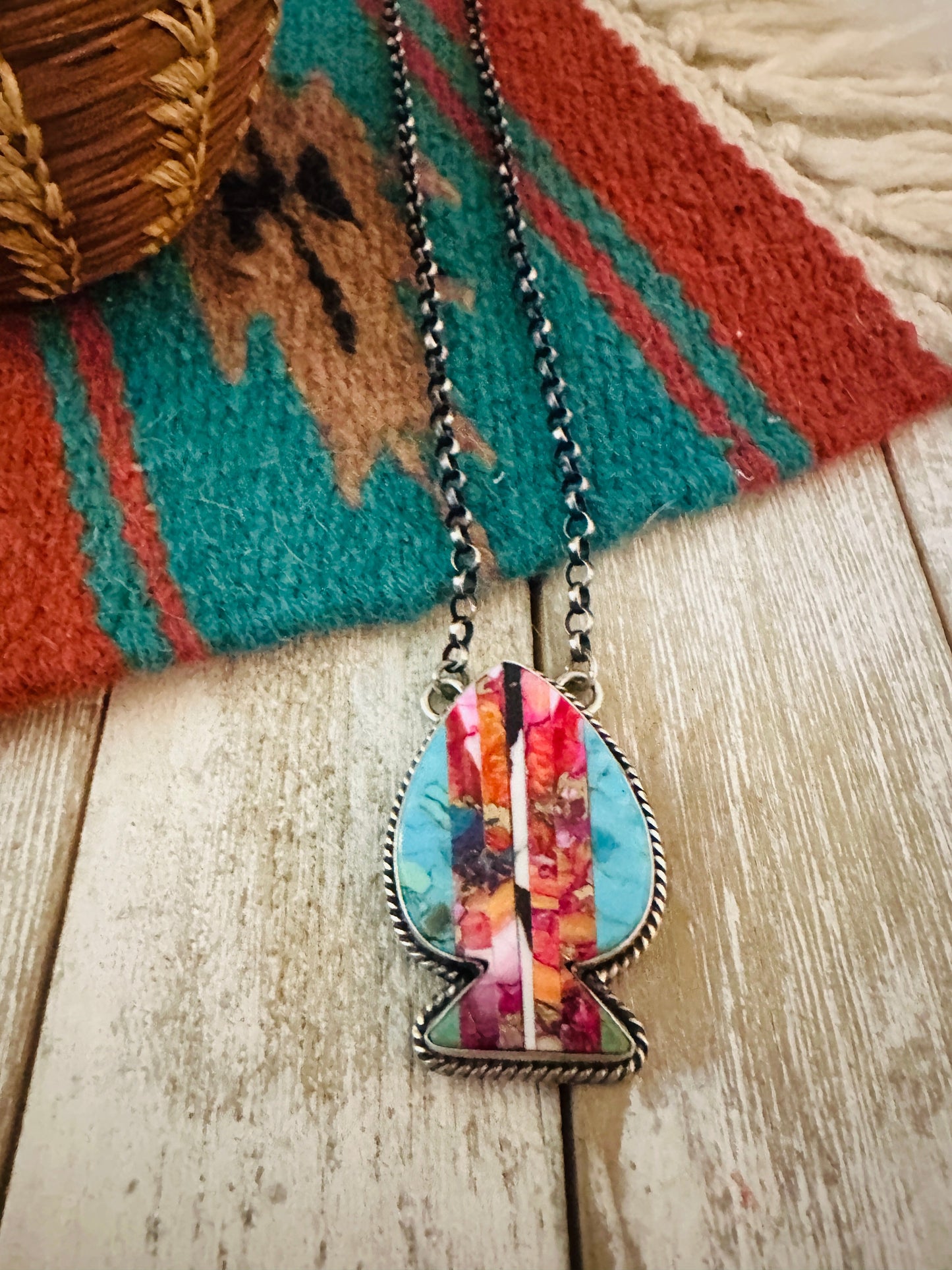 Handcrafted Sterling Silver & Multi Stone Inlay Spade Necklace