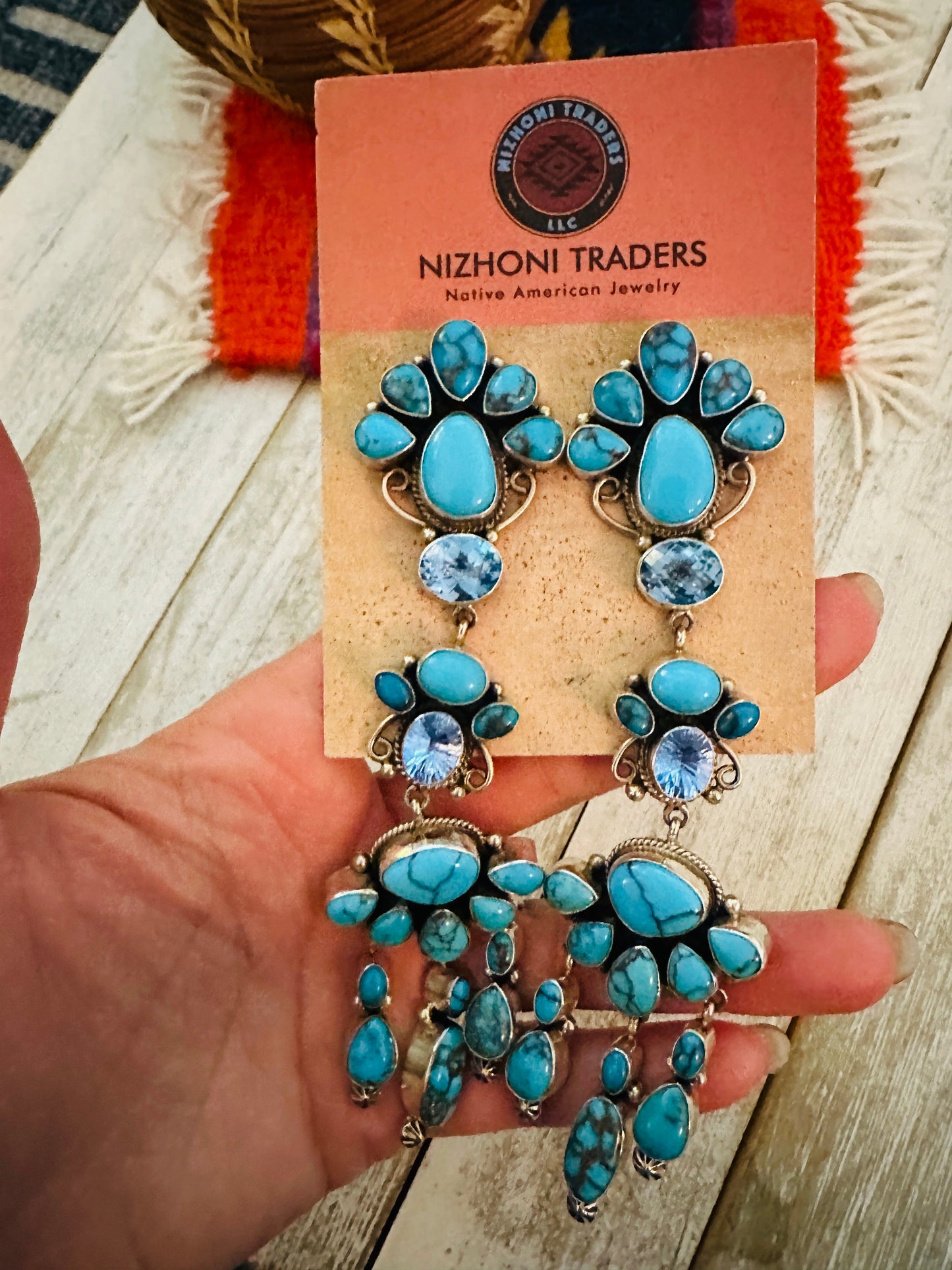 Handcrafted Turquoise, Topaz & Sterling Silver Chandelier Dangle Earrings