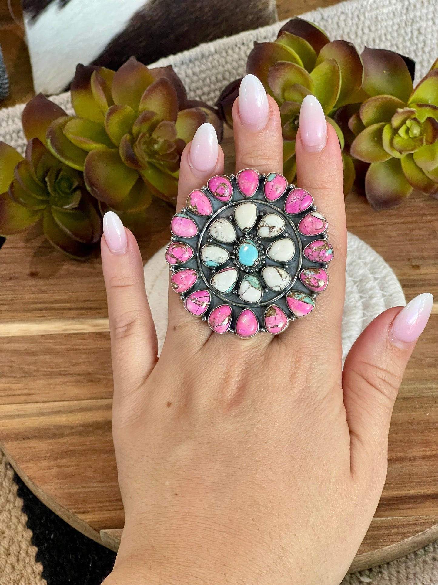 Handmade Cotton Candy Sterling Adjustable Cluster Stone Ring