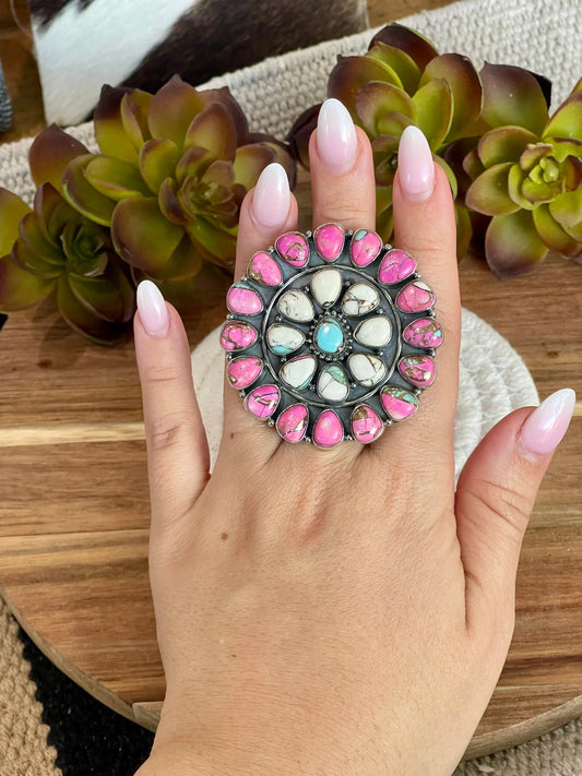 Handmade Cotton Candy Sterling Adjustable Cluster Stone Ring