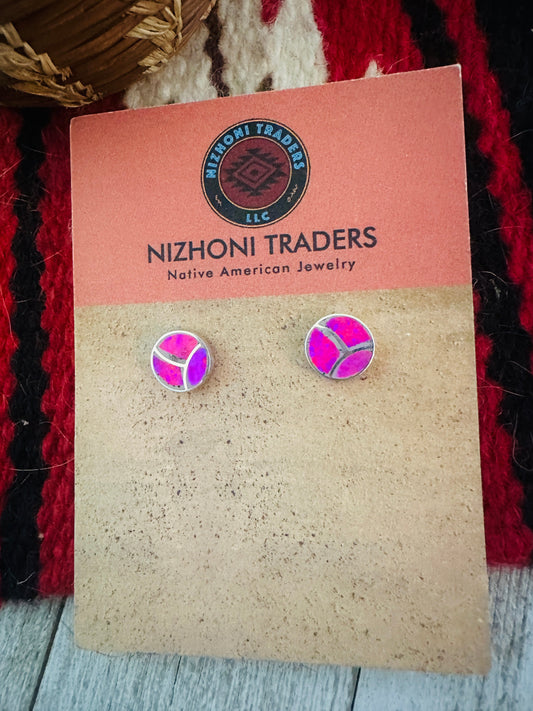 Handcrafted Pink Opal & Sterling Silver Inlay Stud Earrings