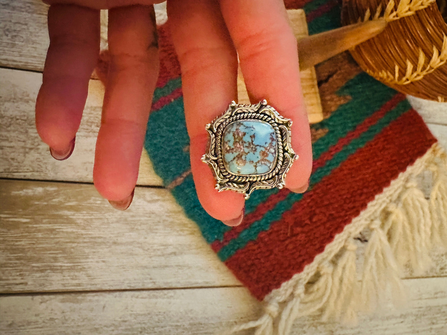 Handmade Golden Hills Turquoise & Sterling Silver Adjustable Ring Signed Nizhoni