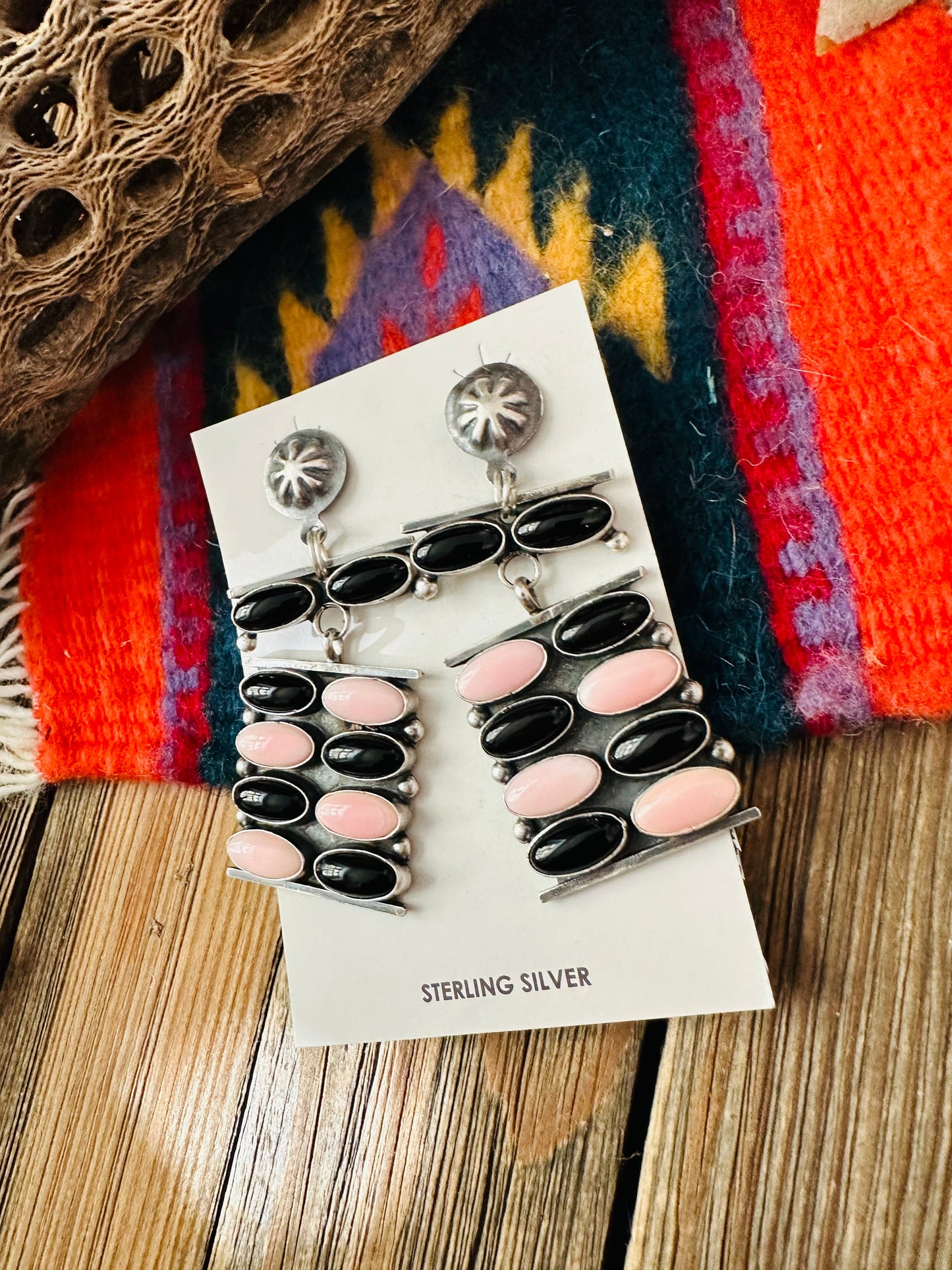 Handcrafted Queen Pink Conch, Onyx & Sterling Silver Dangle Earrings