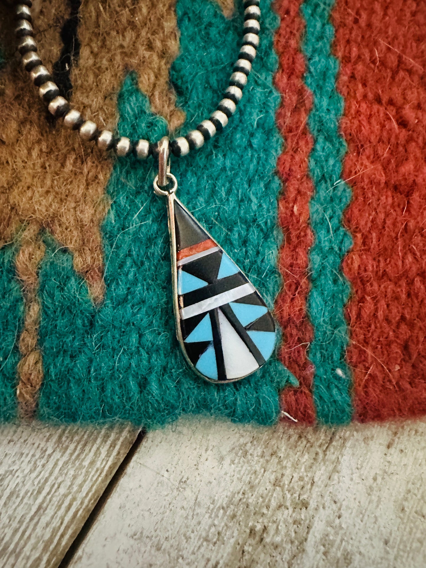 Handcrafted Multi Stone & Sterling Silver Inlay Teardrop Pendant