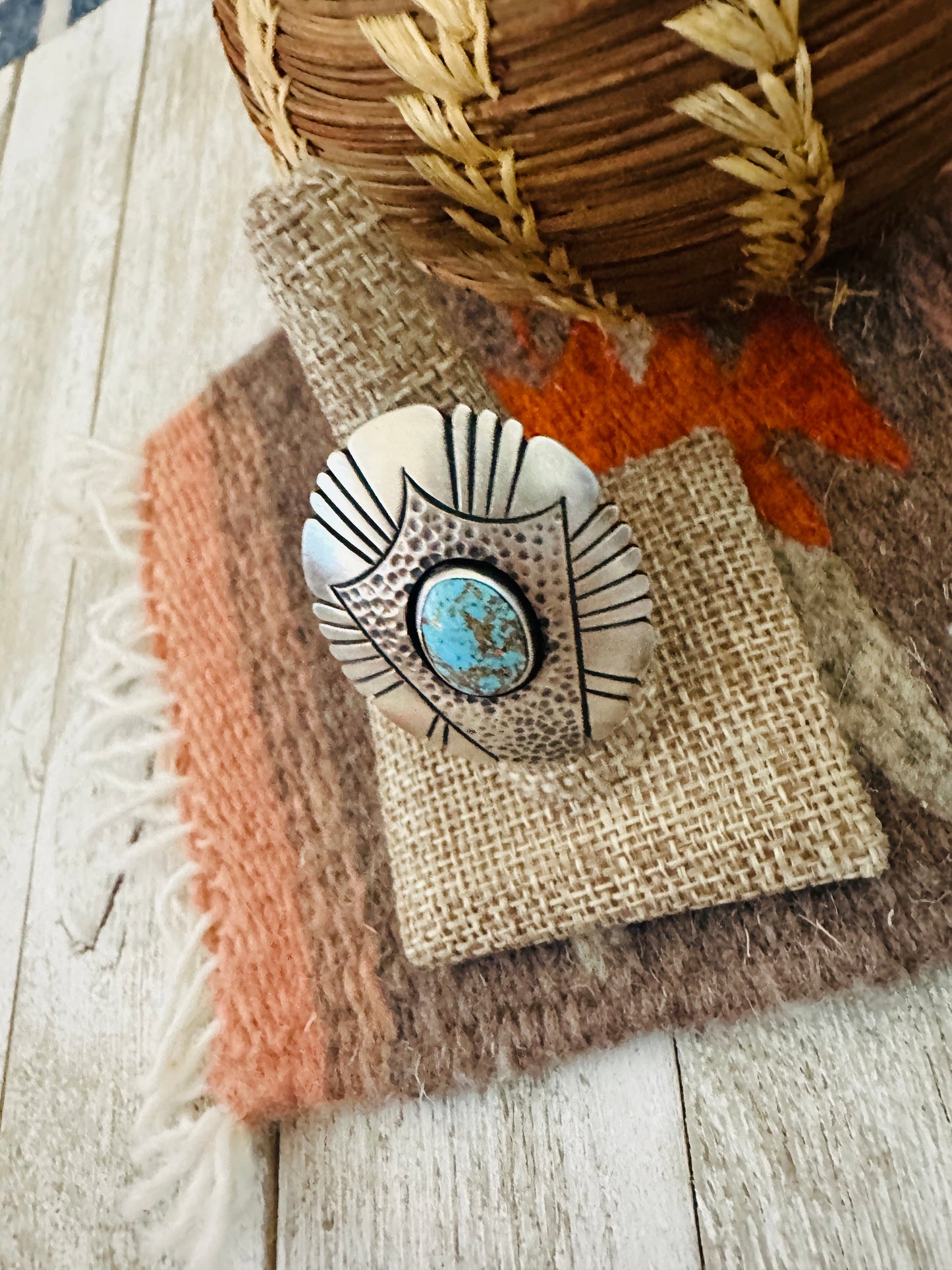 Handcrafted Hand Stamped Sterling Silver & Turquoise Ring Size 9