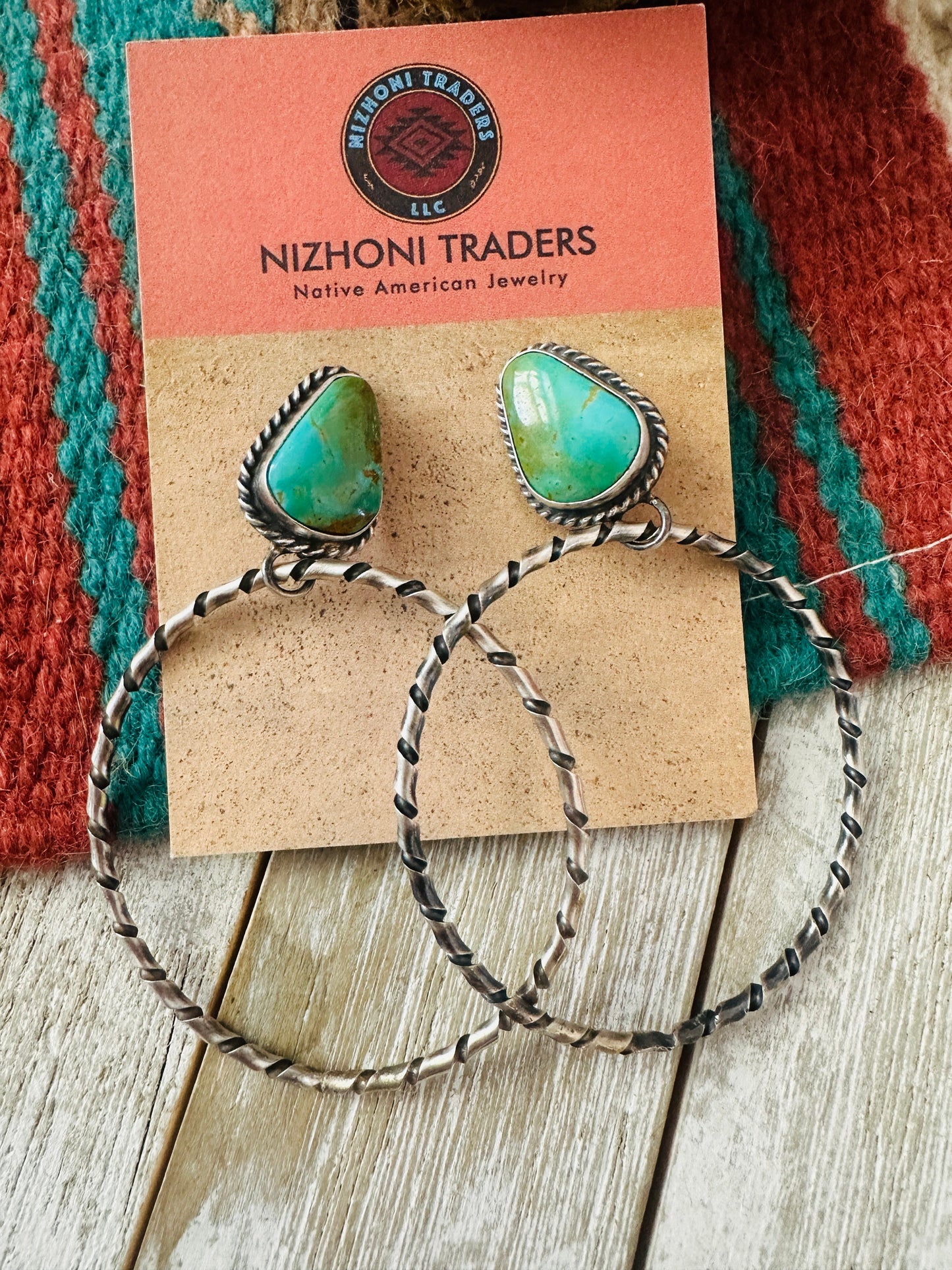 Handcrafted Turquoise and Sterling Silver Dangle Hoop Earrings