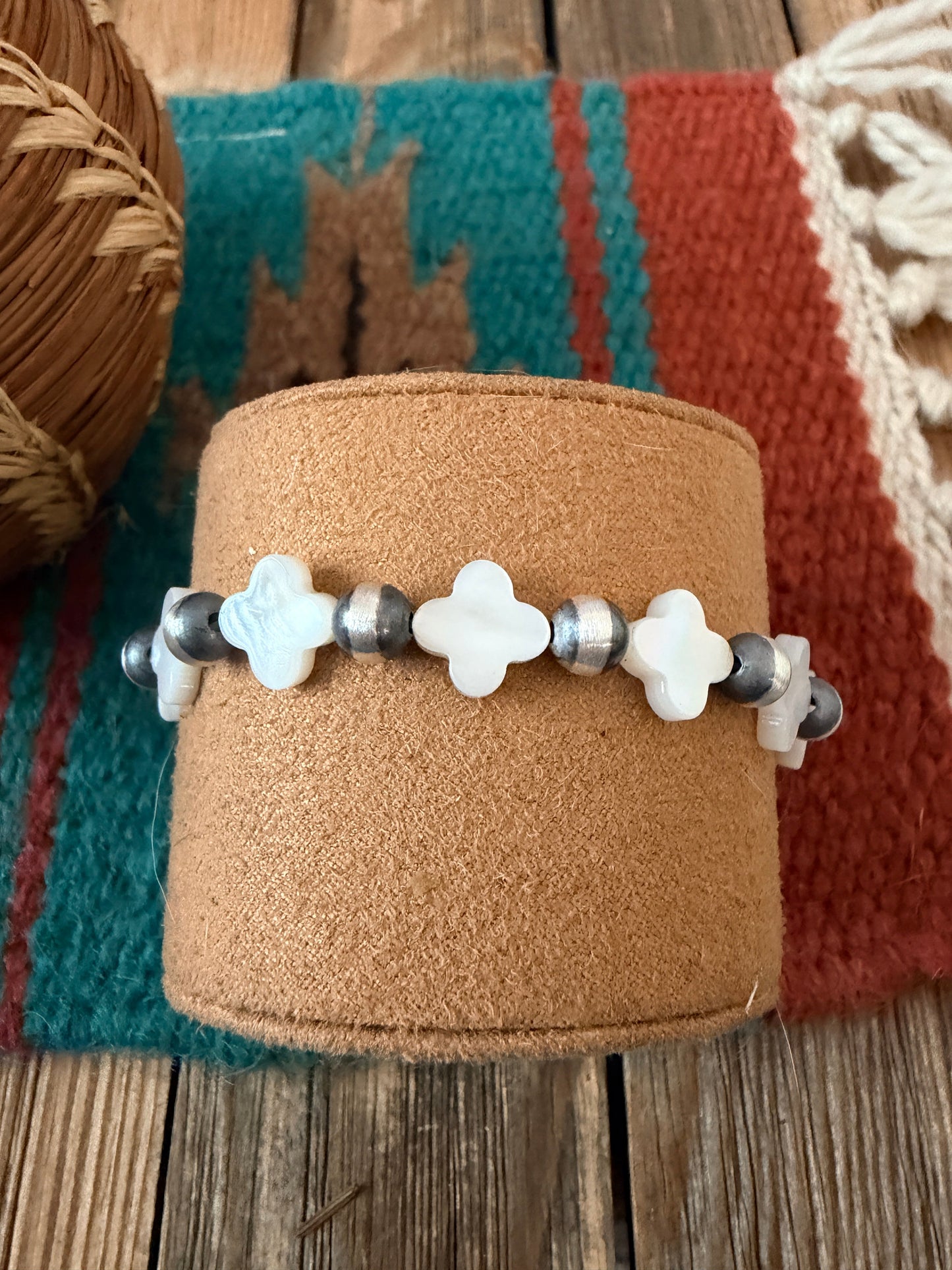 Handcrafted Mother of Pearl & Sterling Silver Pearl Cross Beaded Stretch Bracelet
