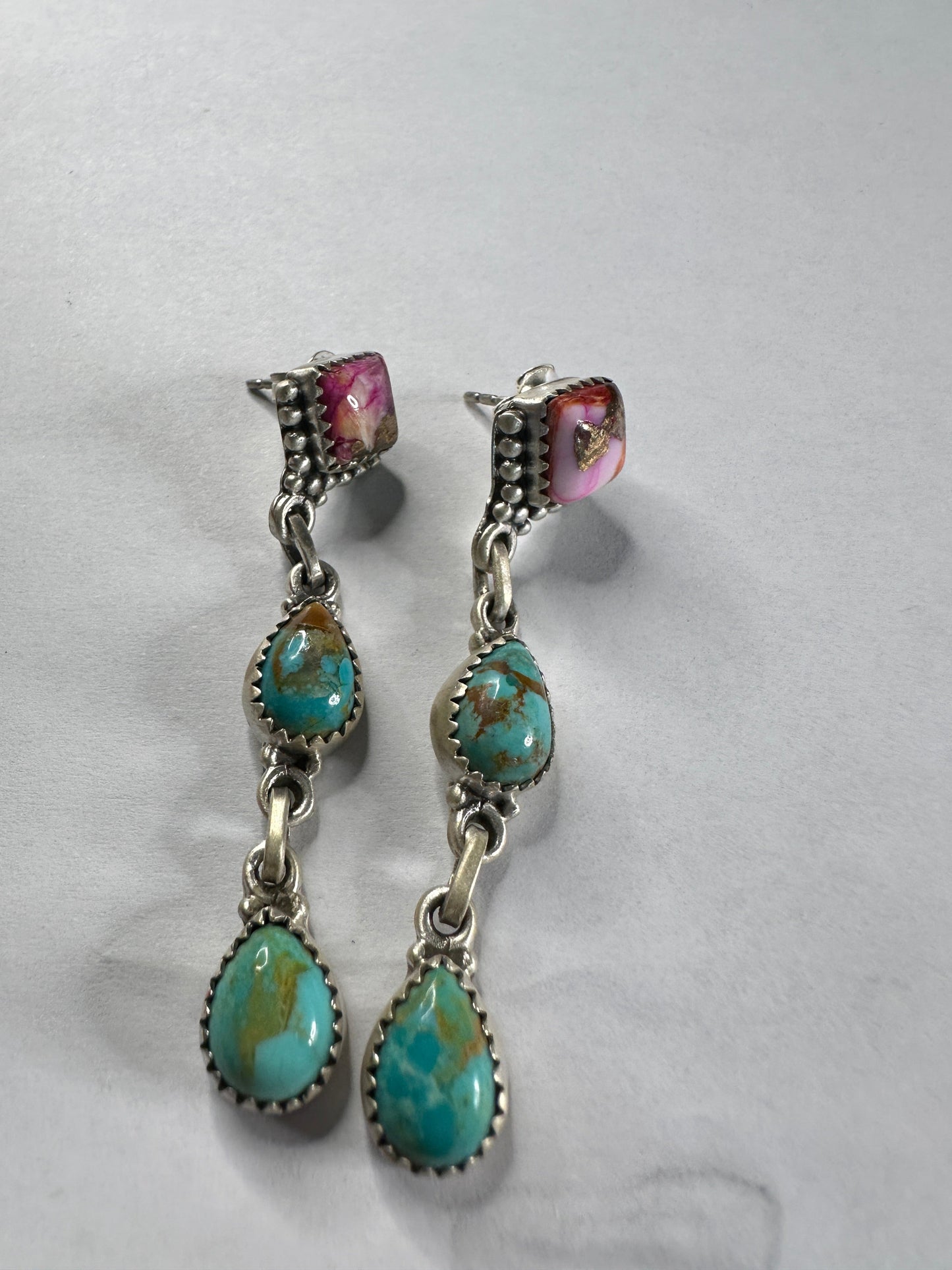 Handmade Sterling Silver, Pink Dream & Turquoise Post Dangle Earrings