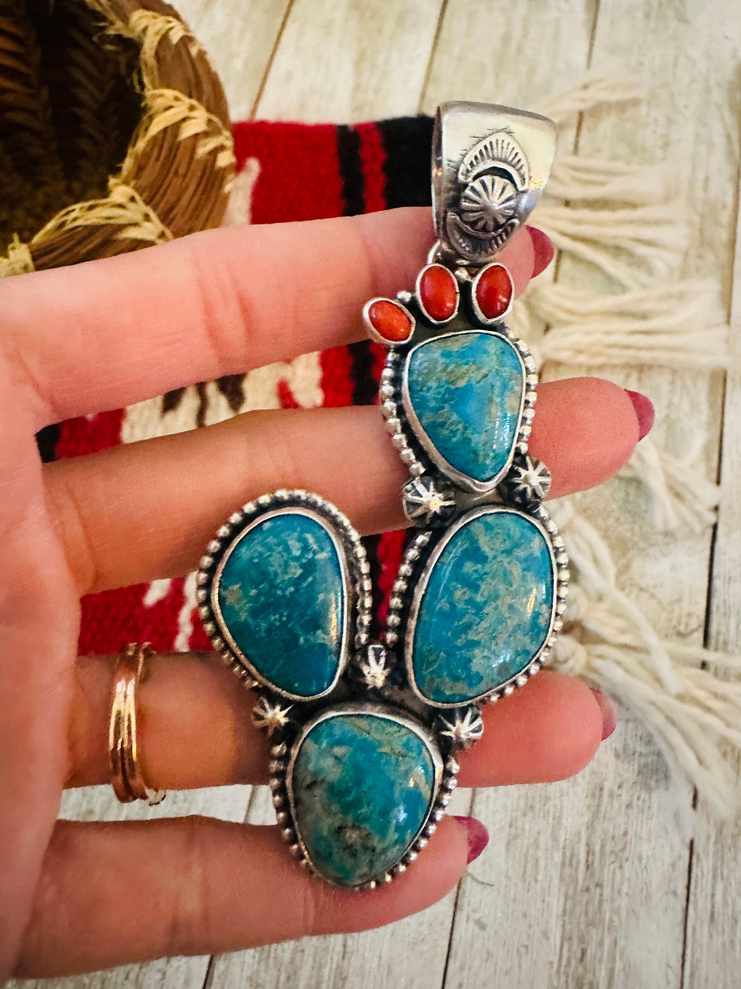 Handcrafted Sterling Silver, Turquoise & Coral Cactus Pendant