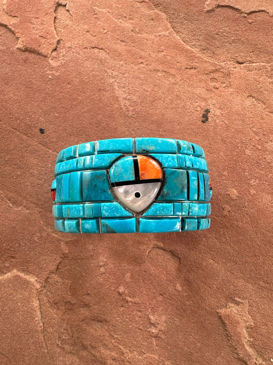 Handmade Sterling Silver Multi Stone Southwest Inlay Sunface Cuff