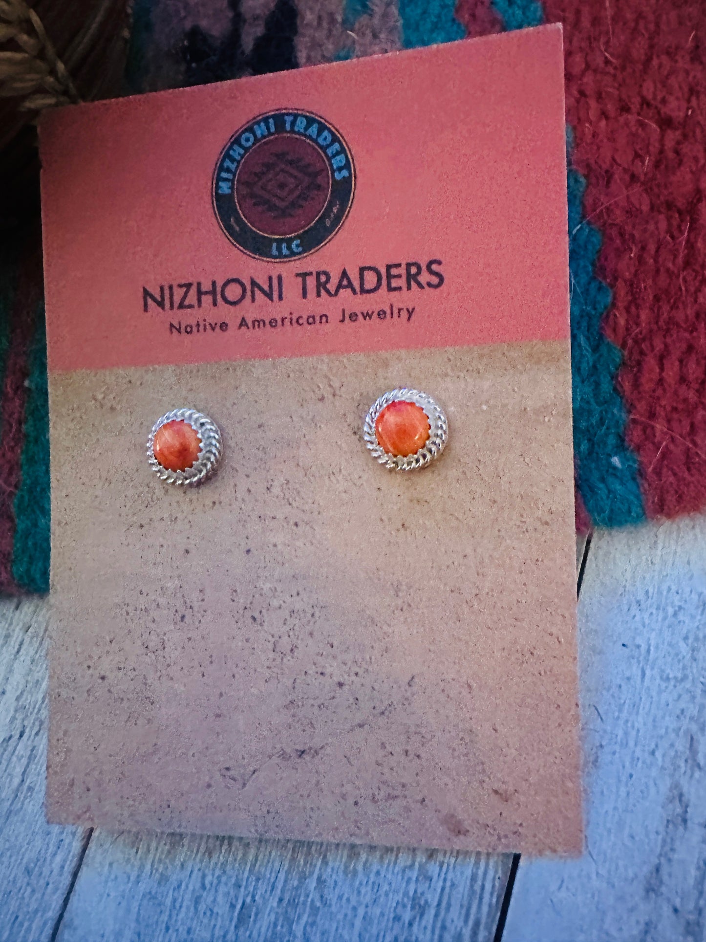 Navajo Orange Spiny and Sterling Silver Stud Earrings