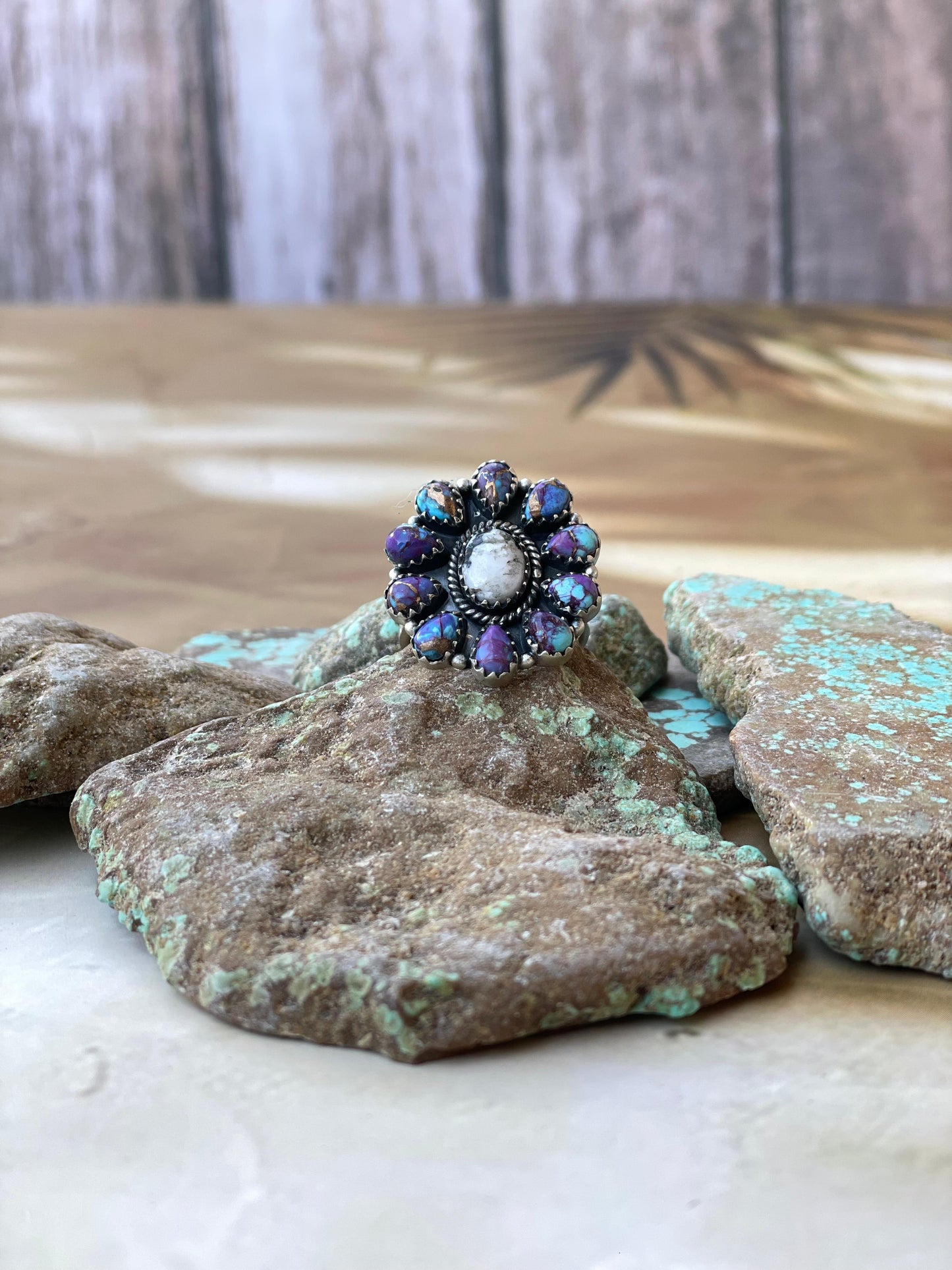 Beautiful Handmade Sterling Silver, White Buffalo & Purple Dream Mojave Adjustable Cluster Ring