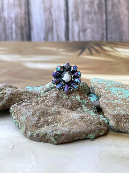 Beautiful Handmade Sterling Silver, White Buffalo & Purple Dream Mojave Adjustable Cluster Ring