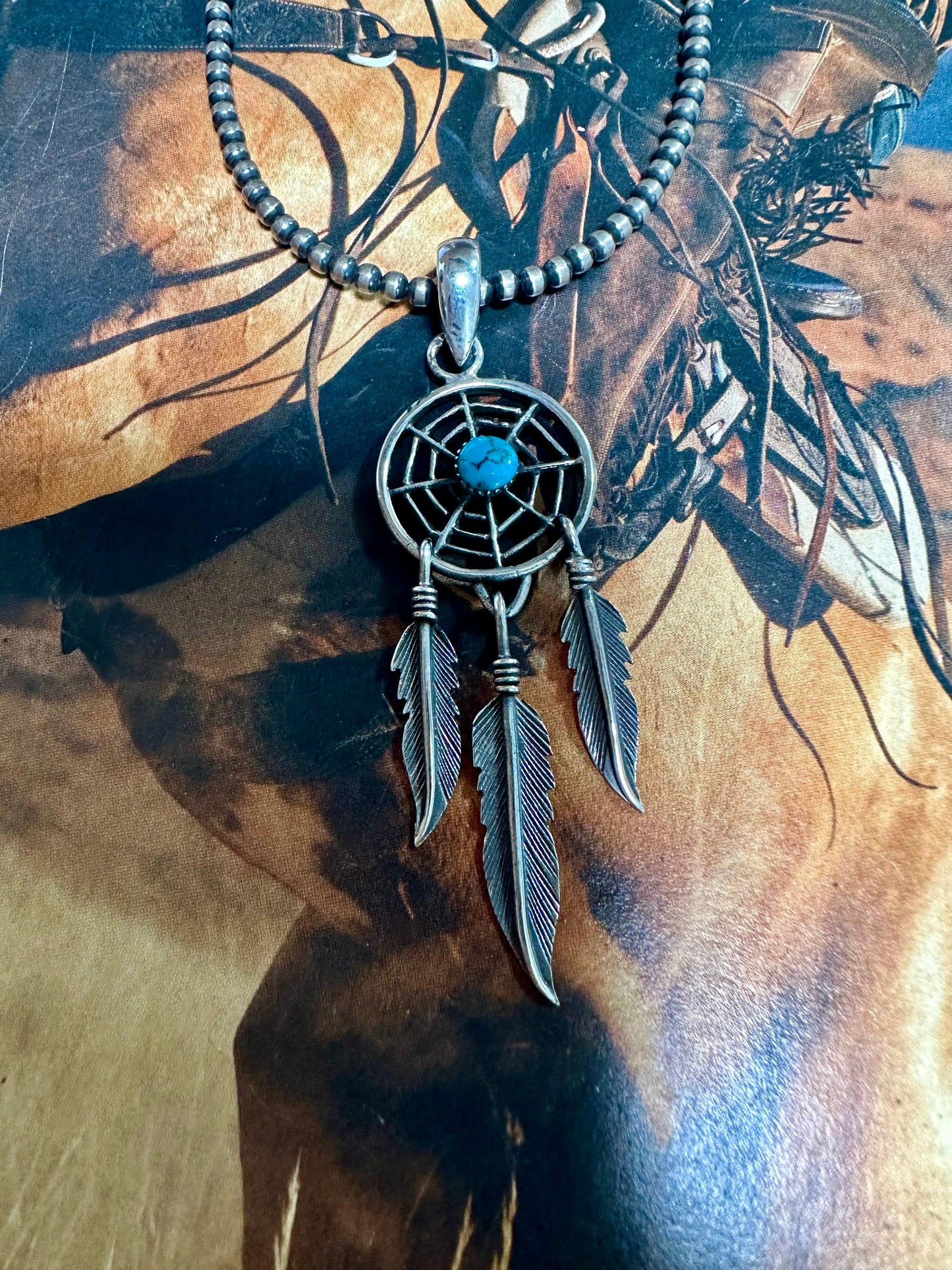 Beautiful Handmade Sterling Silver & Turquoise Dream Catcher pendant