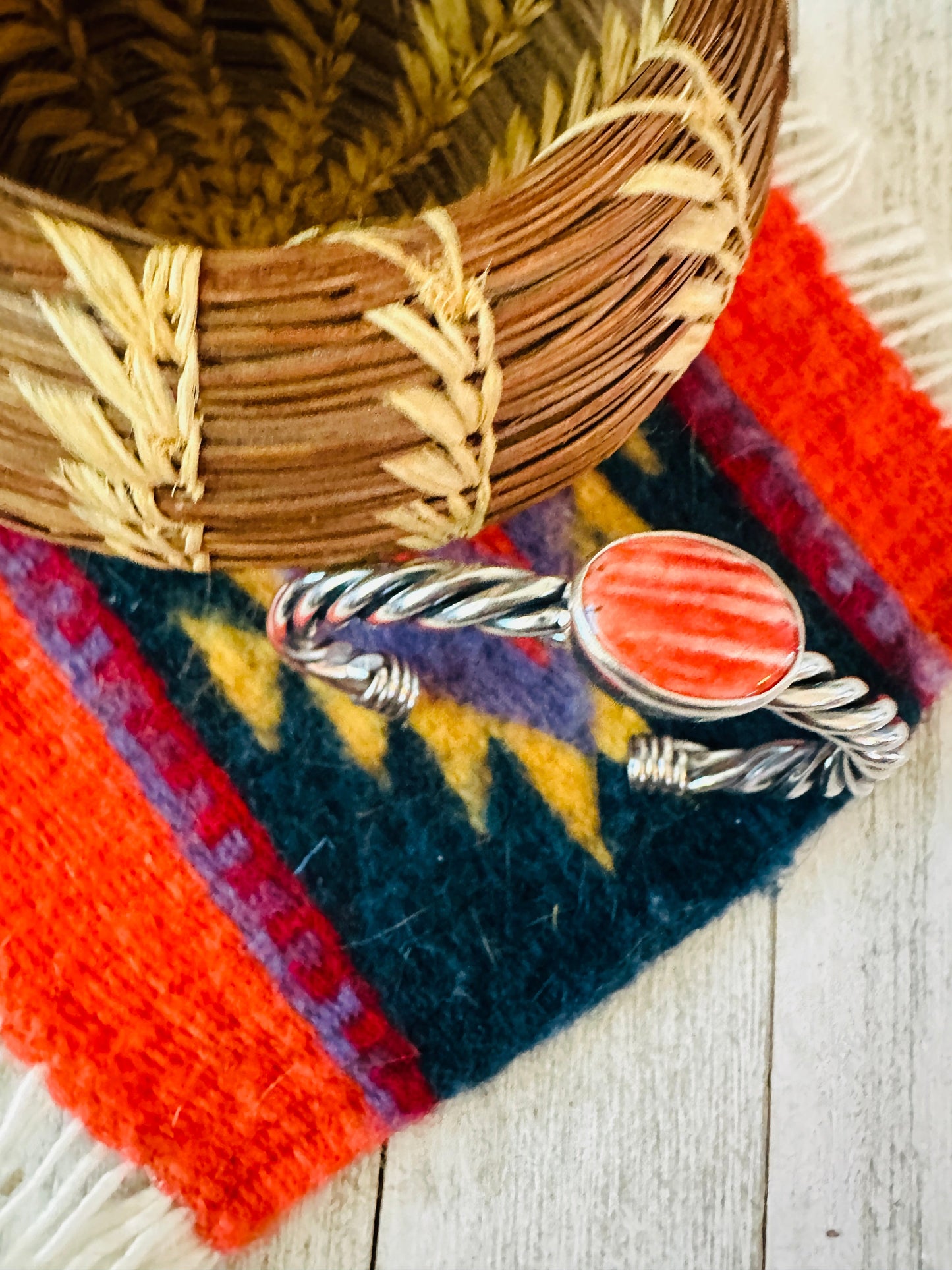 Handcrafted Twisted Sterling Silver & Orange Spiny Cuff Bracelet