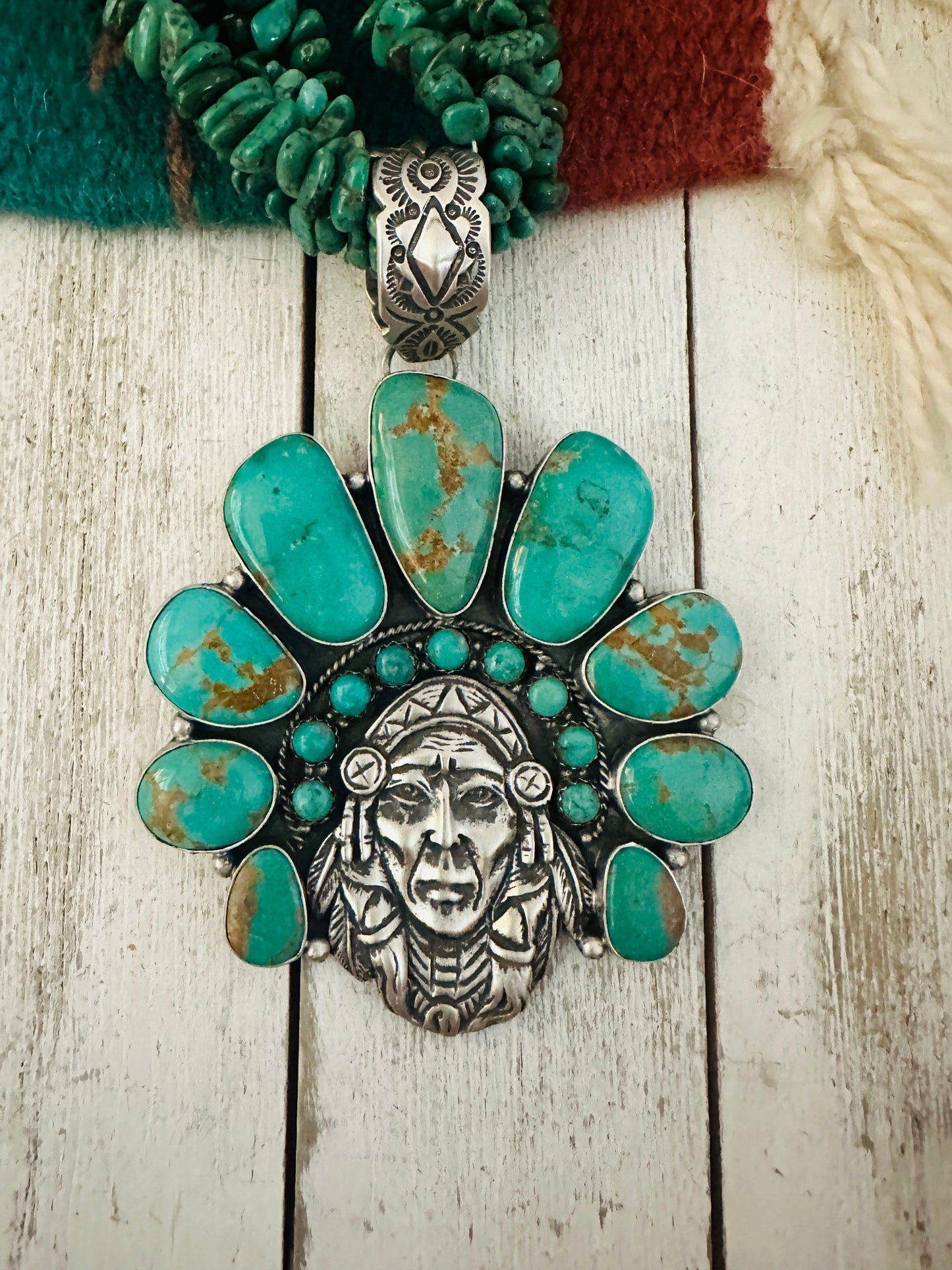 Stunning Handcrafted Sterling Silver & Turquoise Indian Chief Beaded Necklace
