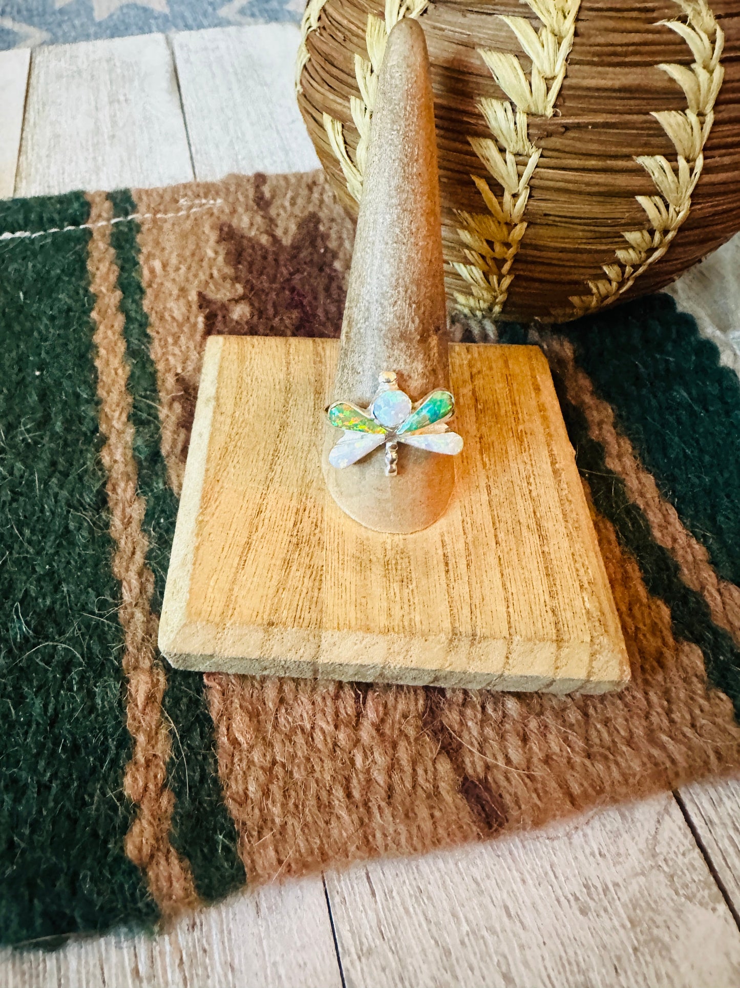 Handcrafted Sterling Silver, Green & White Opal Dragonfly Ring