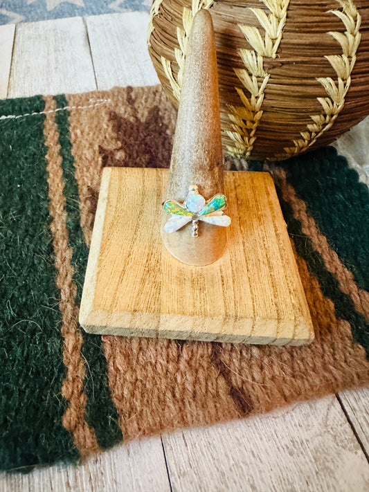 Handcrafted Sterling Silver, Green & White Opal Dragonfly Ring