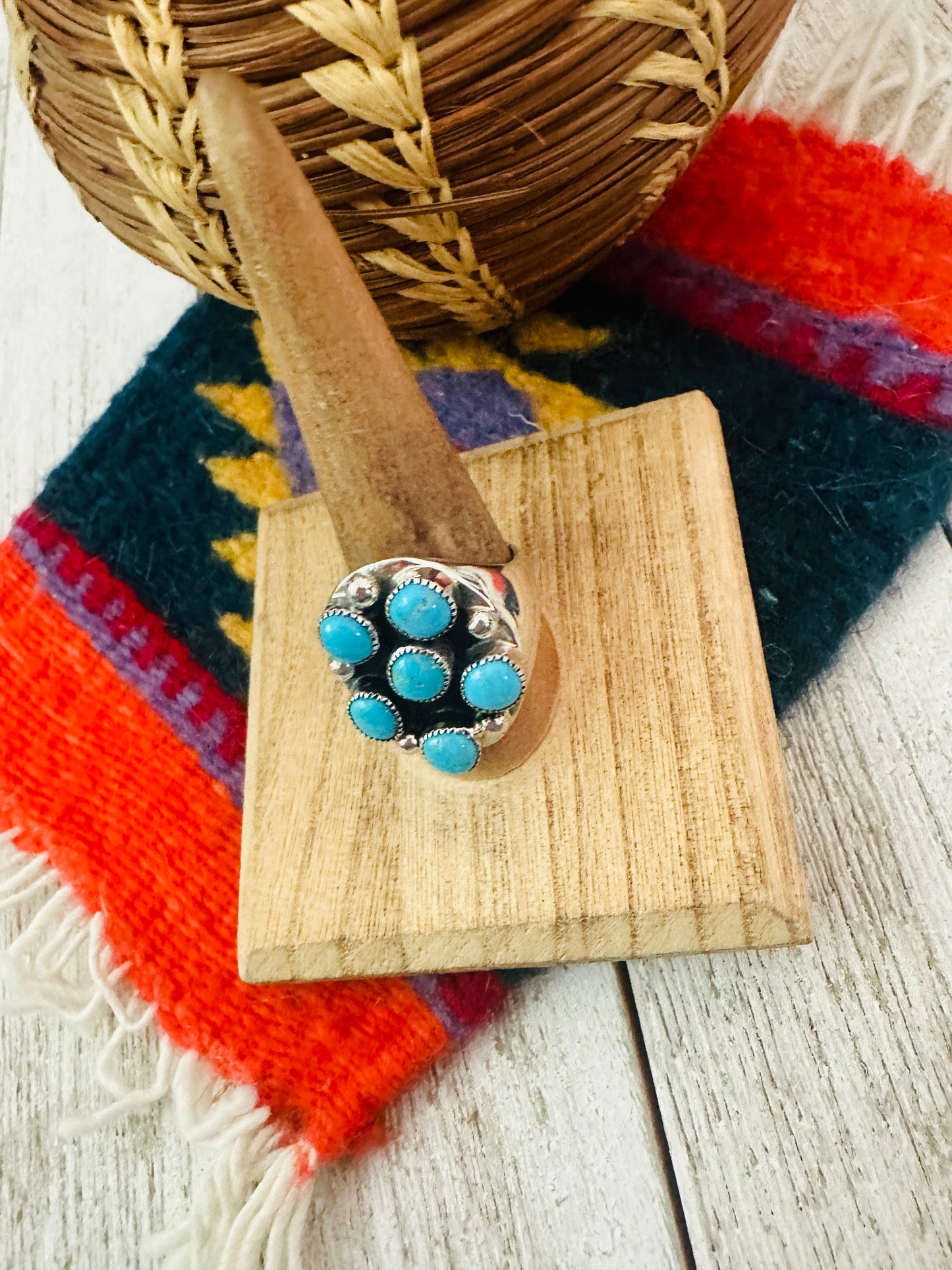 Handcrafted Turquoise & Sterling Silver Cluster Cigar Band Ring