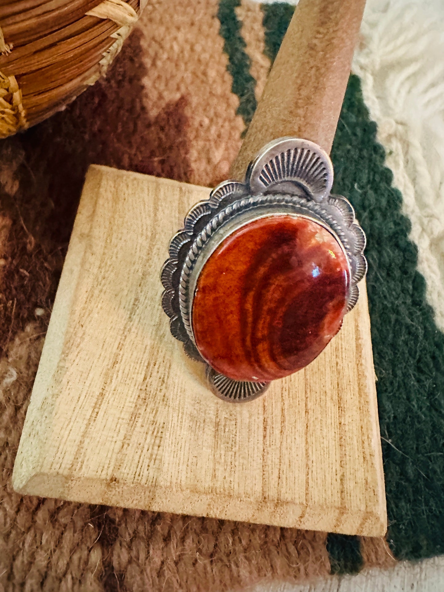 Handcrafted Orange Spiny & Sterling Silver Ring Size 8.5