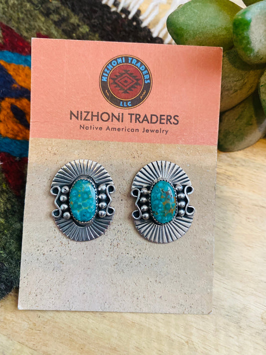 Handcrafted Sterling Silver & Royston Turquoise Post Earrings Signed