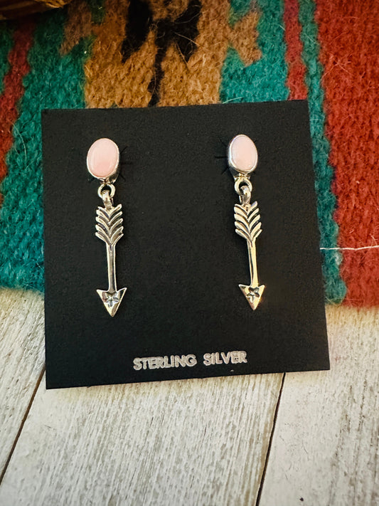 Handcrafted Queen Pink Conch & Sterling Silver Arrow Dangle Earrings