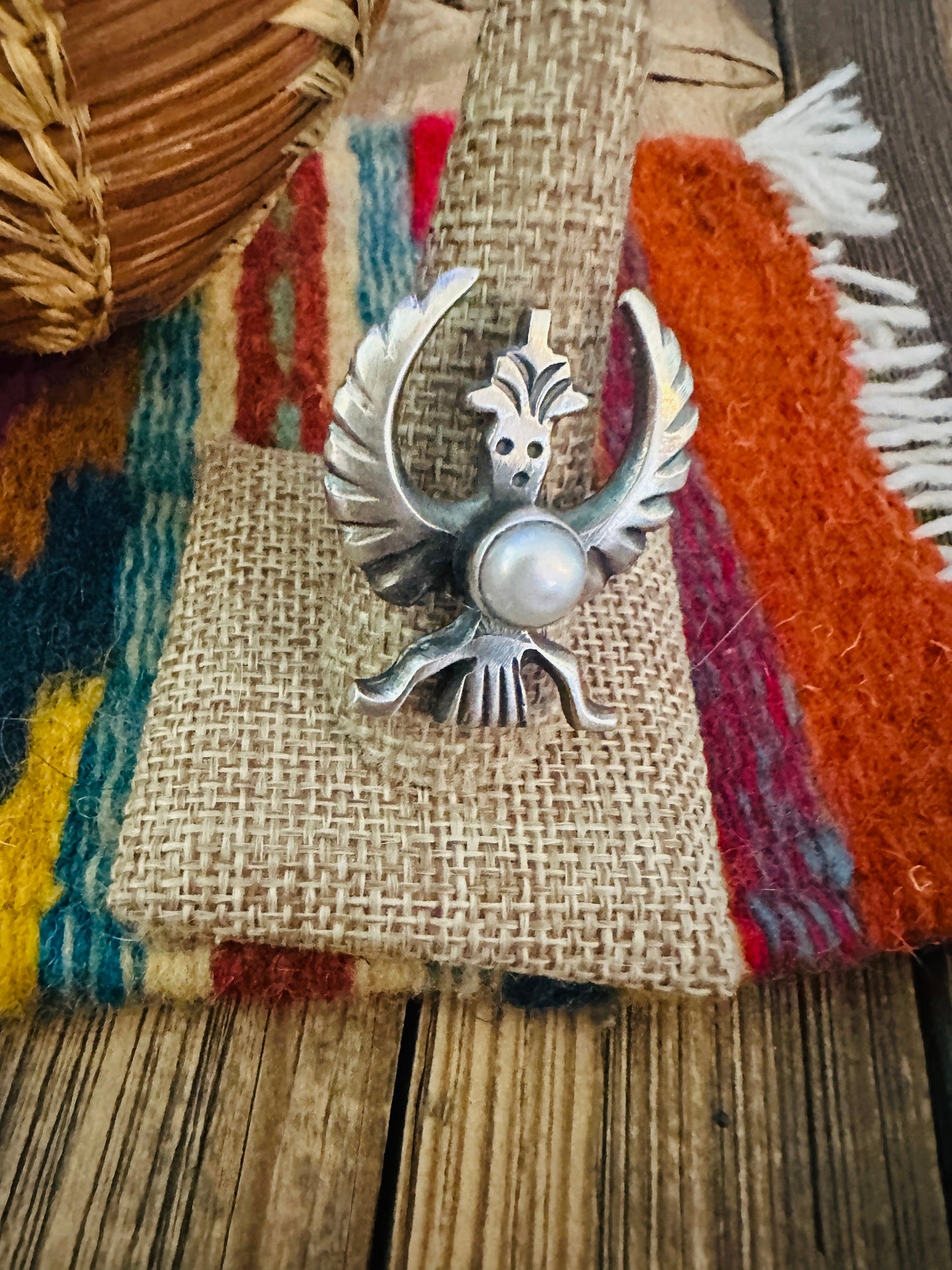 Handcrafted Pearl & Sterling Silver Thunderbird Ring size 10 by Chimney Butte