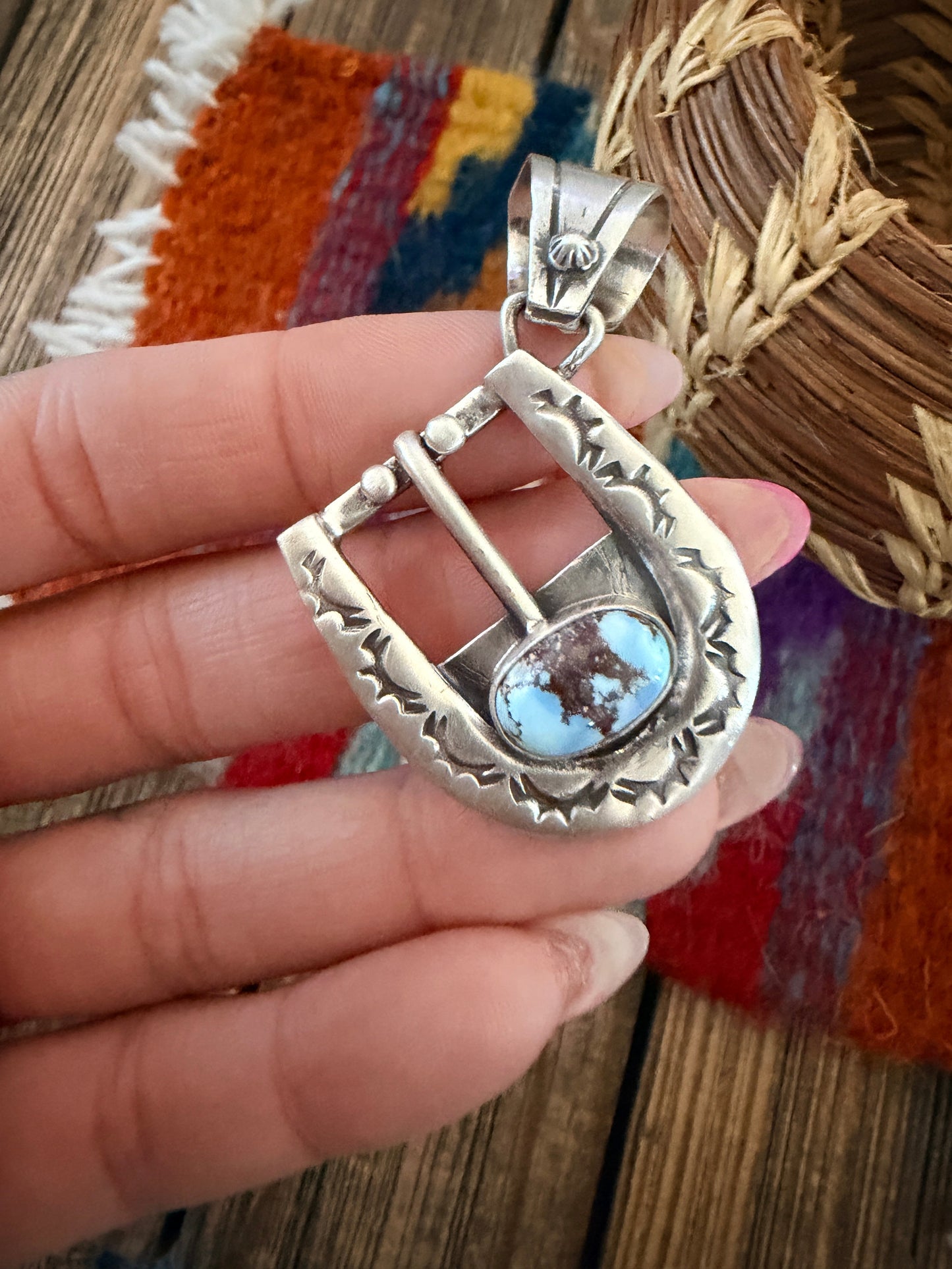 Handcrafted Sterling Silver & Turquoise Belt Buckle Pendant by Leroy James