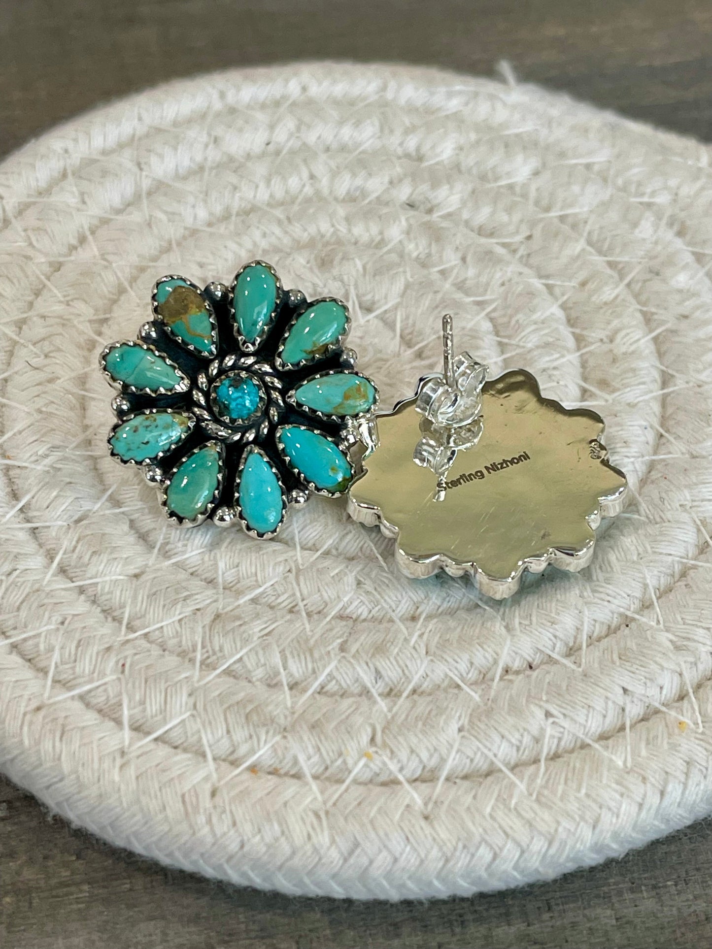 Handmade Turquoise & Sterling Silver Post Cluster Flower Earrings