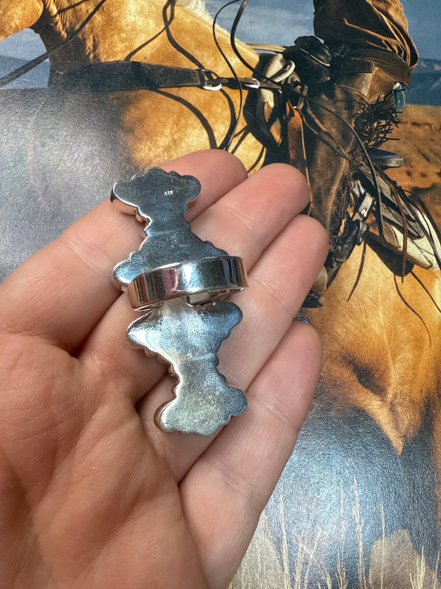 Handmade Coral, White Buffalo & Sterling Silver Adjustable Ring Signed Nizhoni