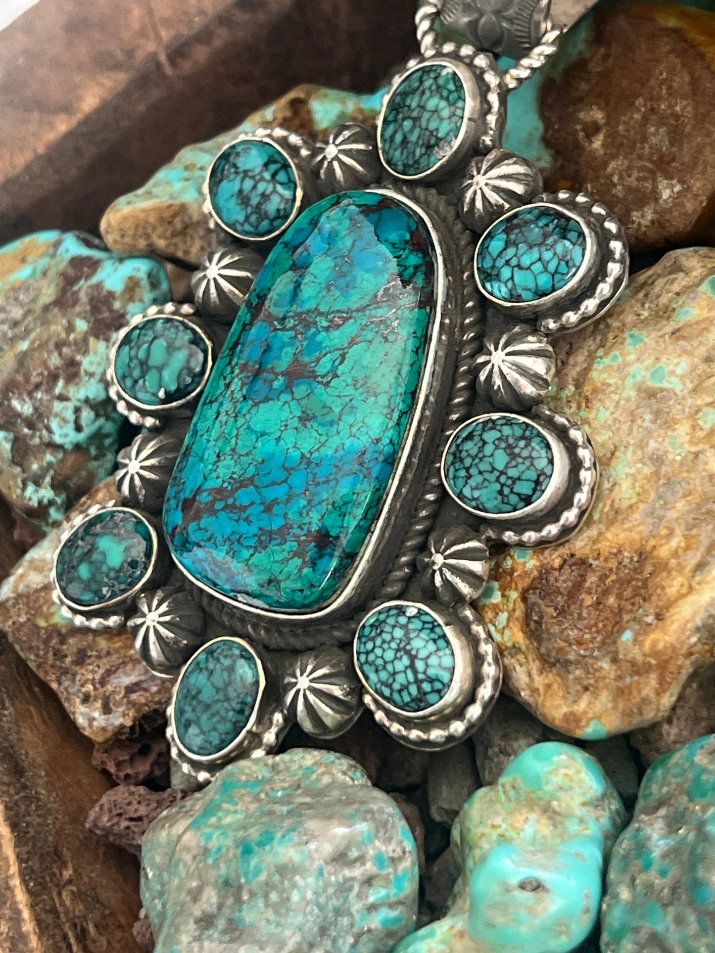 Apache Made Sterling Silver, Hubei Turquoise & Chrysocolla Cluster Pendant by Rosella Paxson