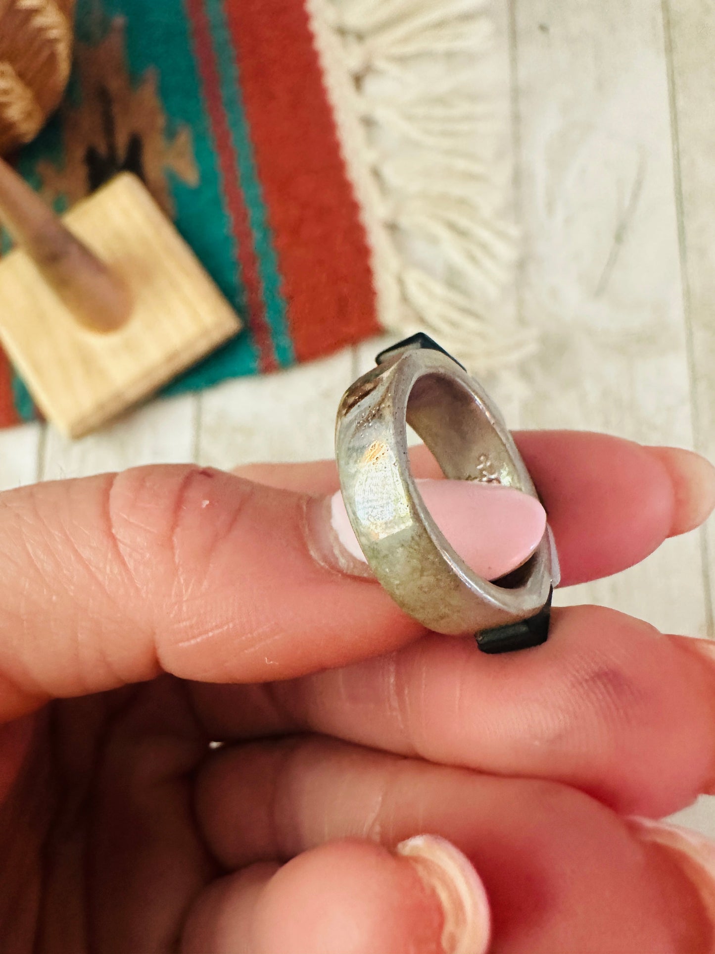 Handcrafted Sterling Silver, Onyx & Mother of Pearl Inlay Band Ring Size 5