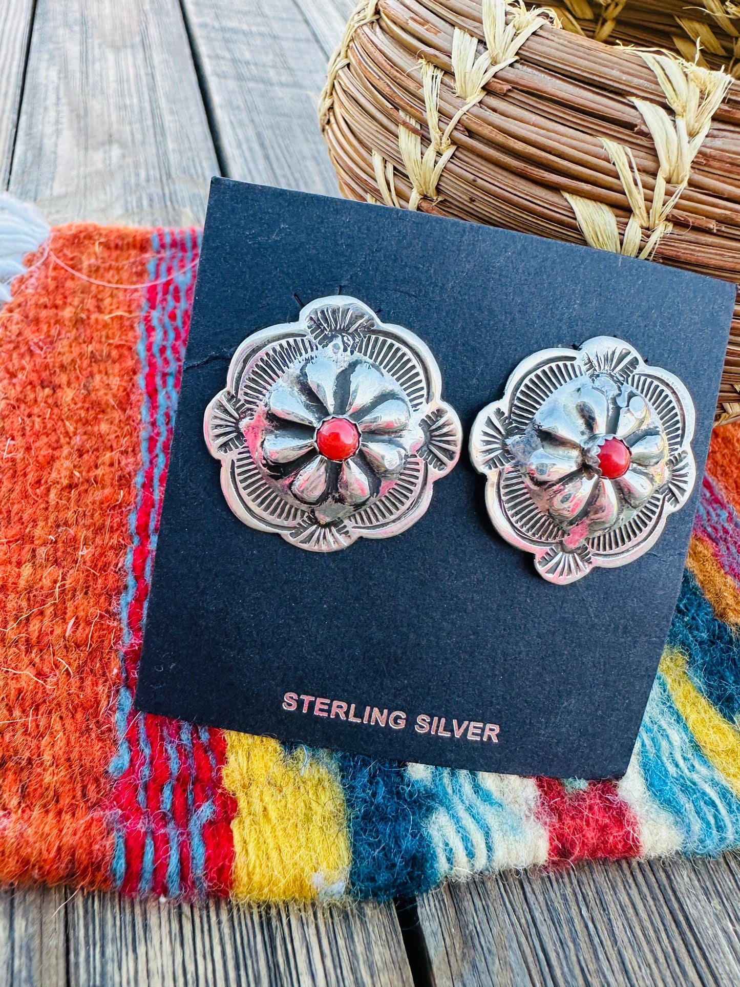 Handcrafted Coral & Sterling Silver Concho Post Earrings